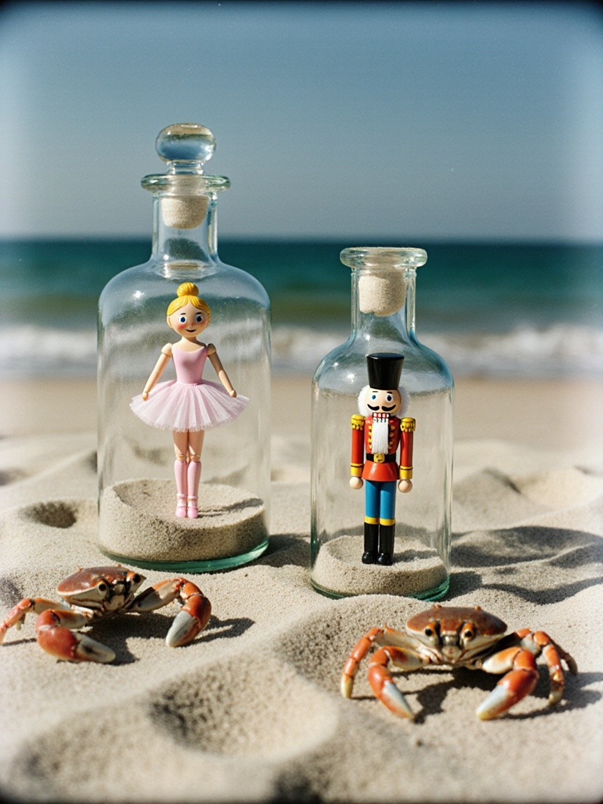 Glass Bottles with Ballerina and Nutcracker on Beach