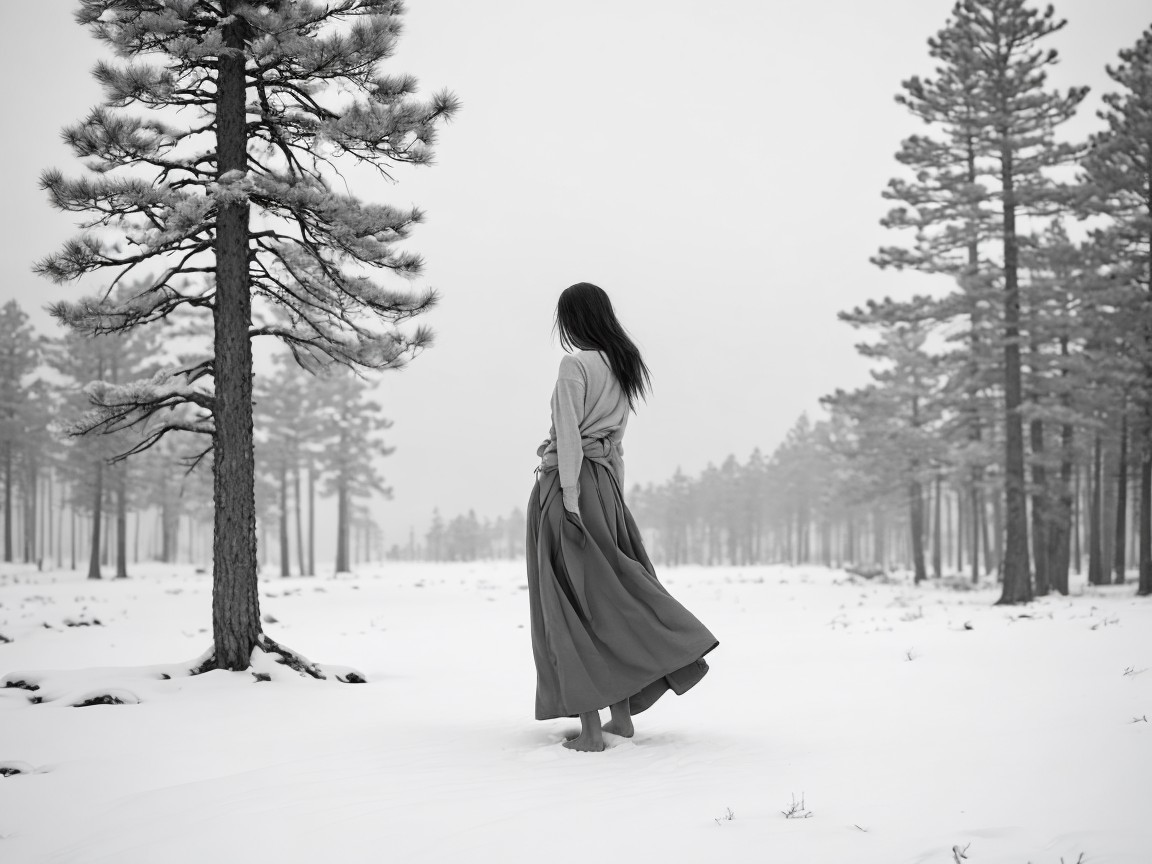 Grayscale Photo of Woman in Snowy Landscape