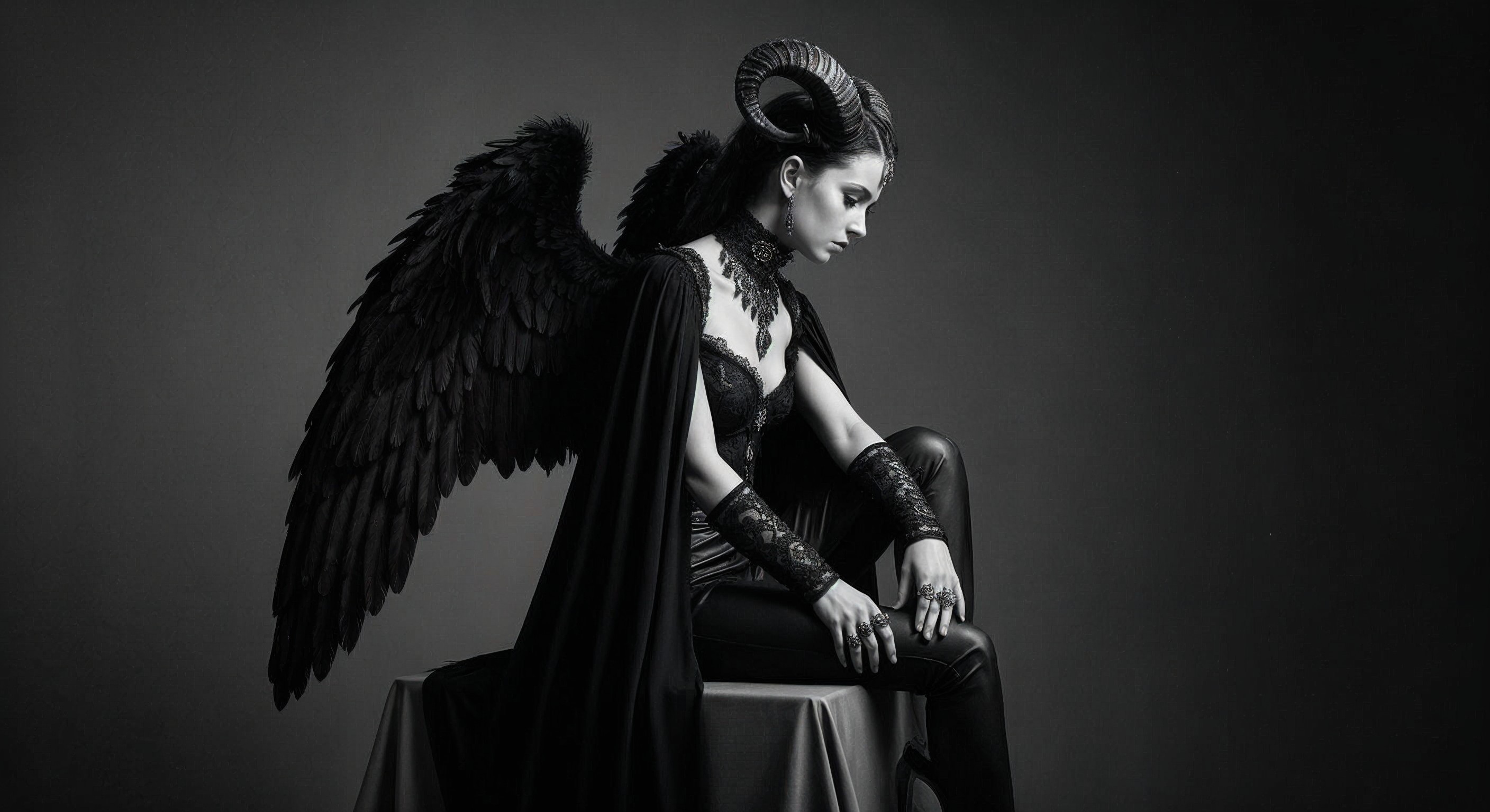 Black-and-White Image of Woman with Feathered Wings