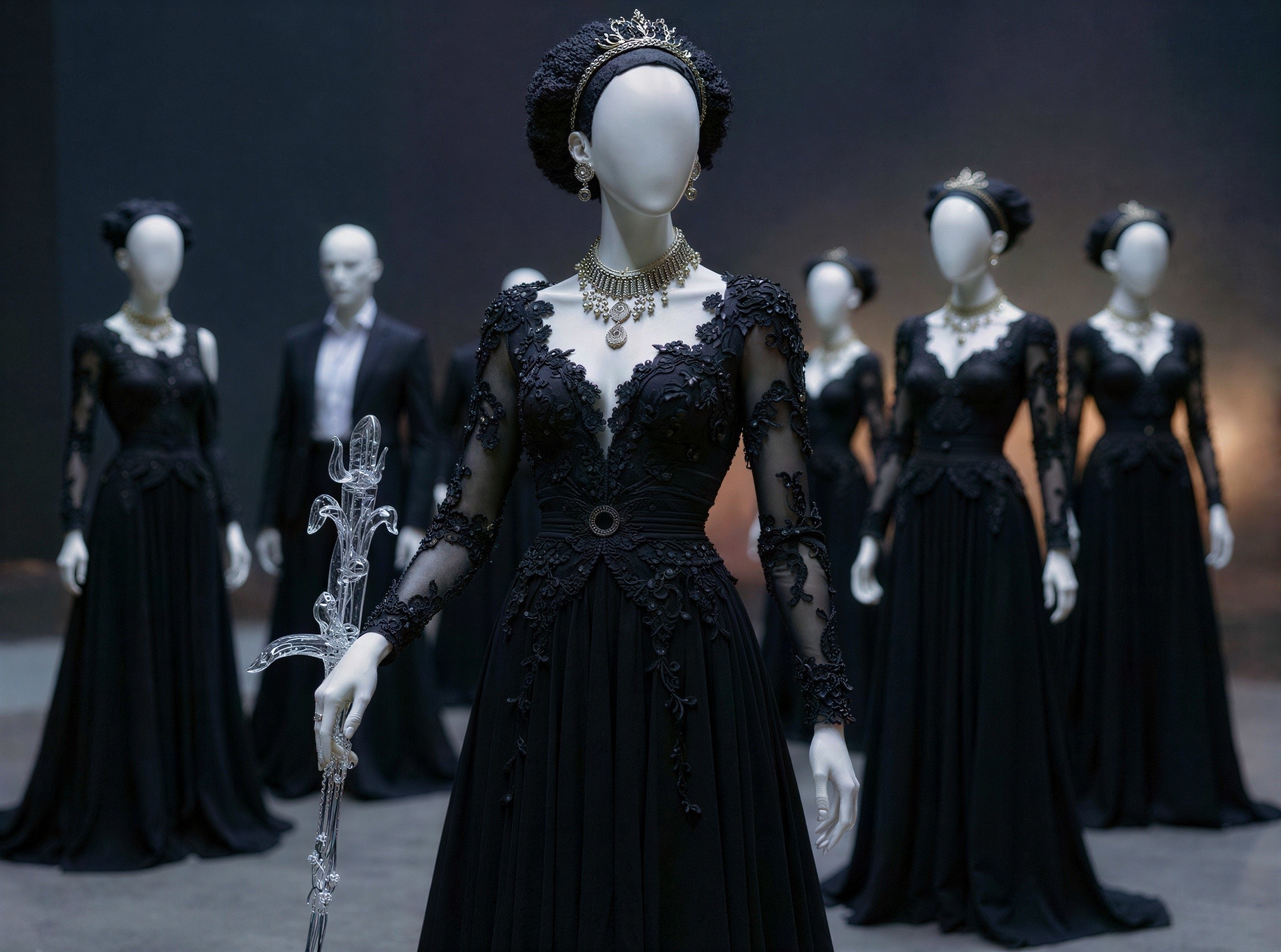 Mannequins Displaying Elegant Black Gowns and Suits