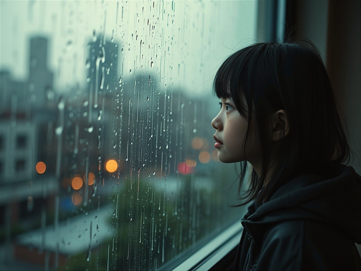 Young girl gazing out a rainy window in cityscape
