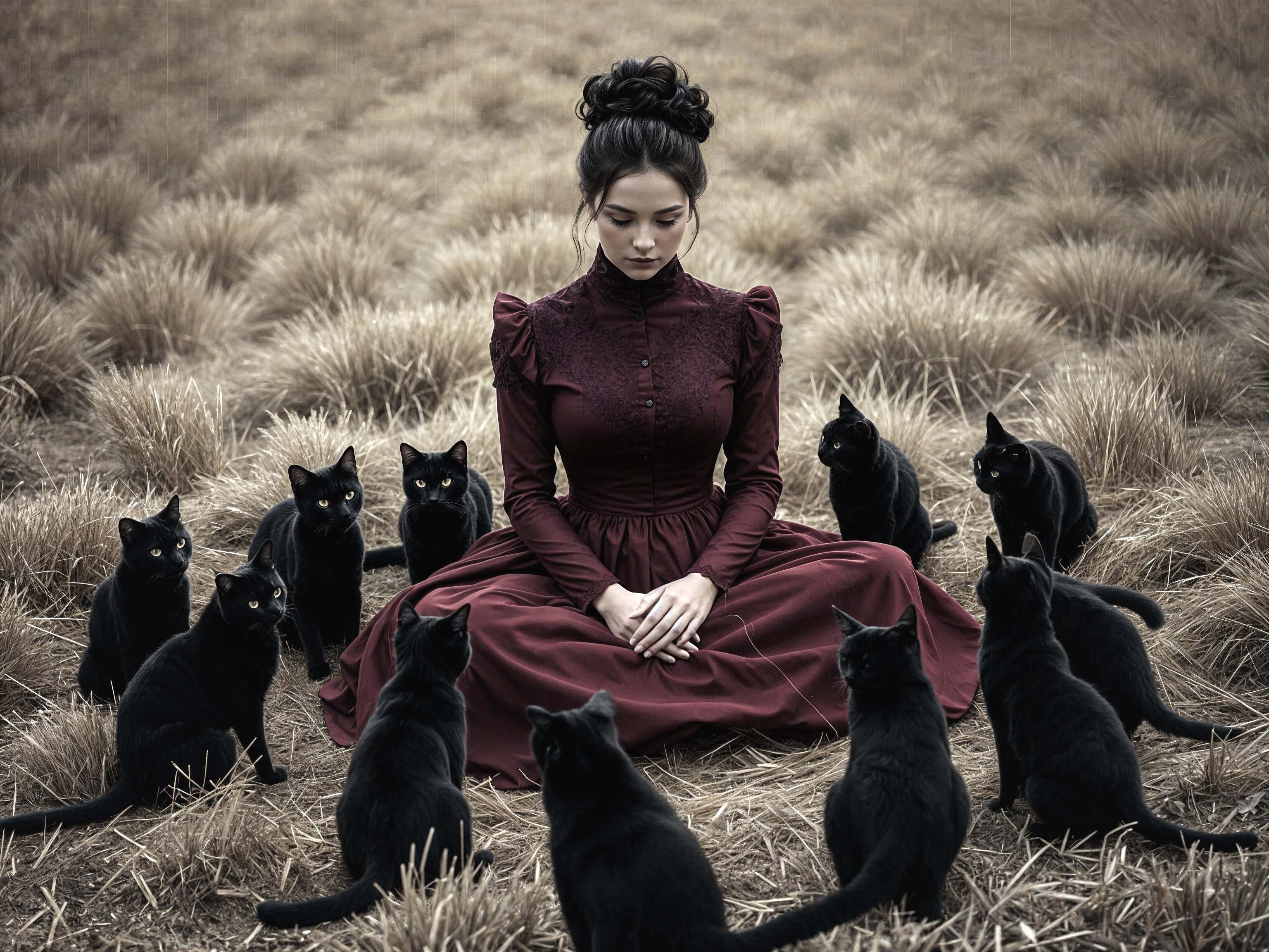 Woman in Victorian Dress Surrounded by Black Cats