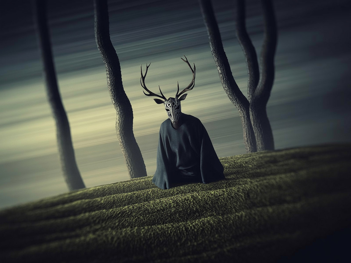 Mysterious figure on a hill in a foggy landscape