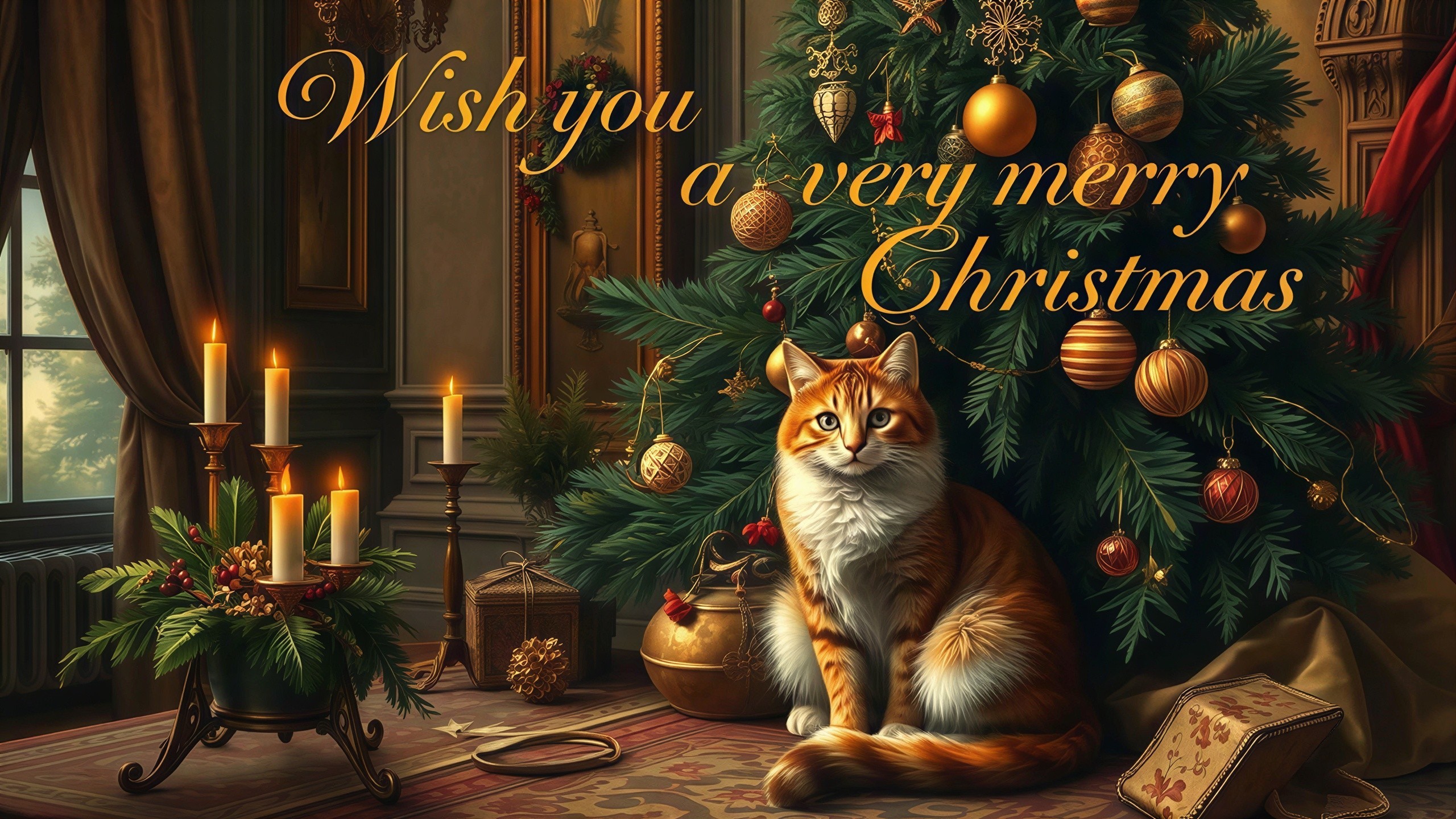 Opulent Christmas Interior with Decorated Tree and Cat