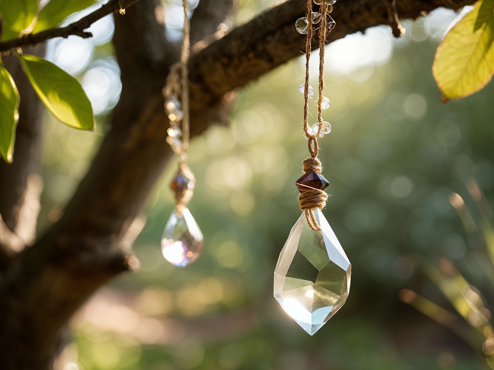 Elegant Crystal Pendants Hanging from a Tree Branch