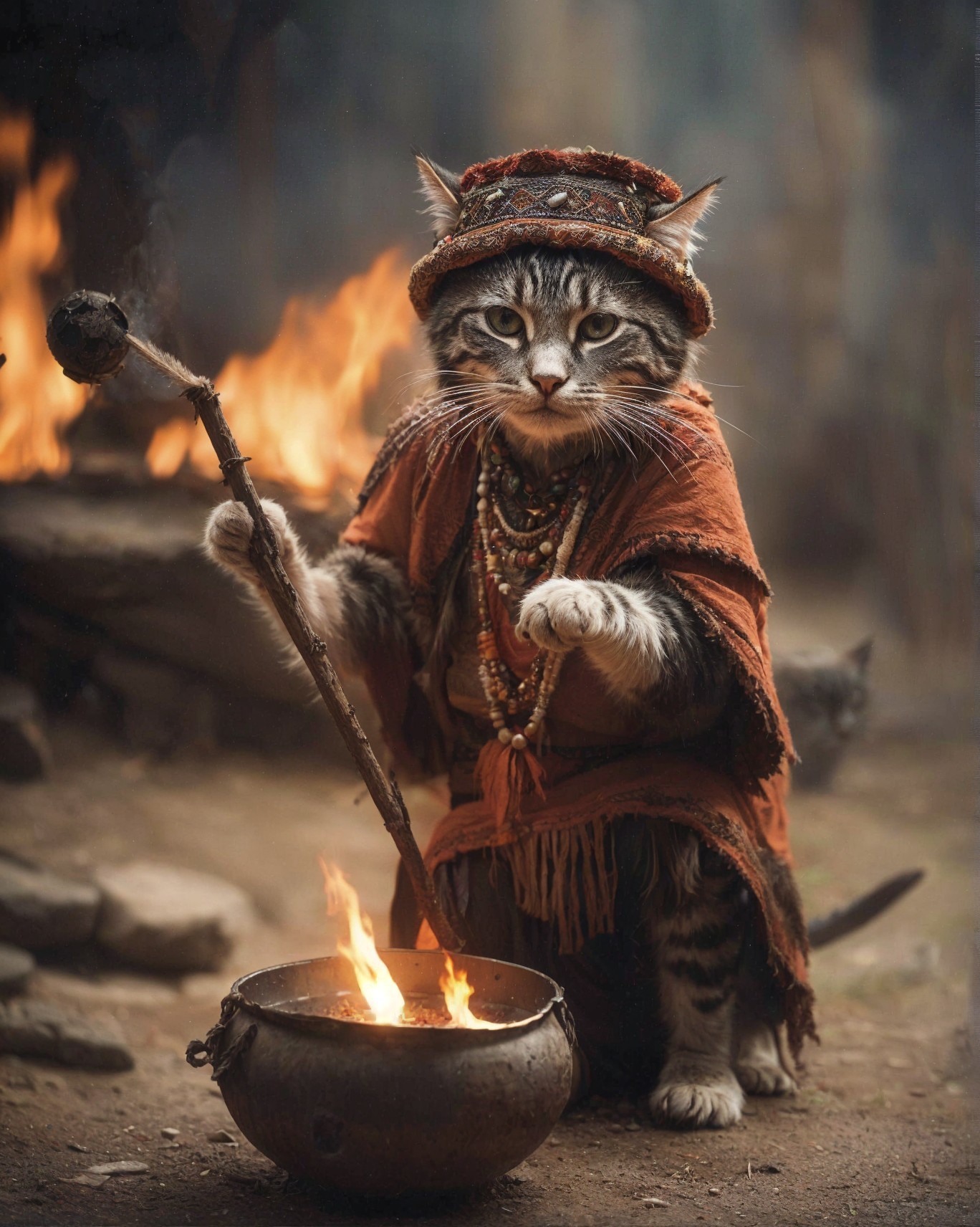 Wise Cat in Traditional Attire Stirring a Cauldron