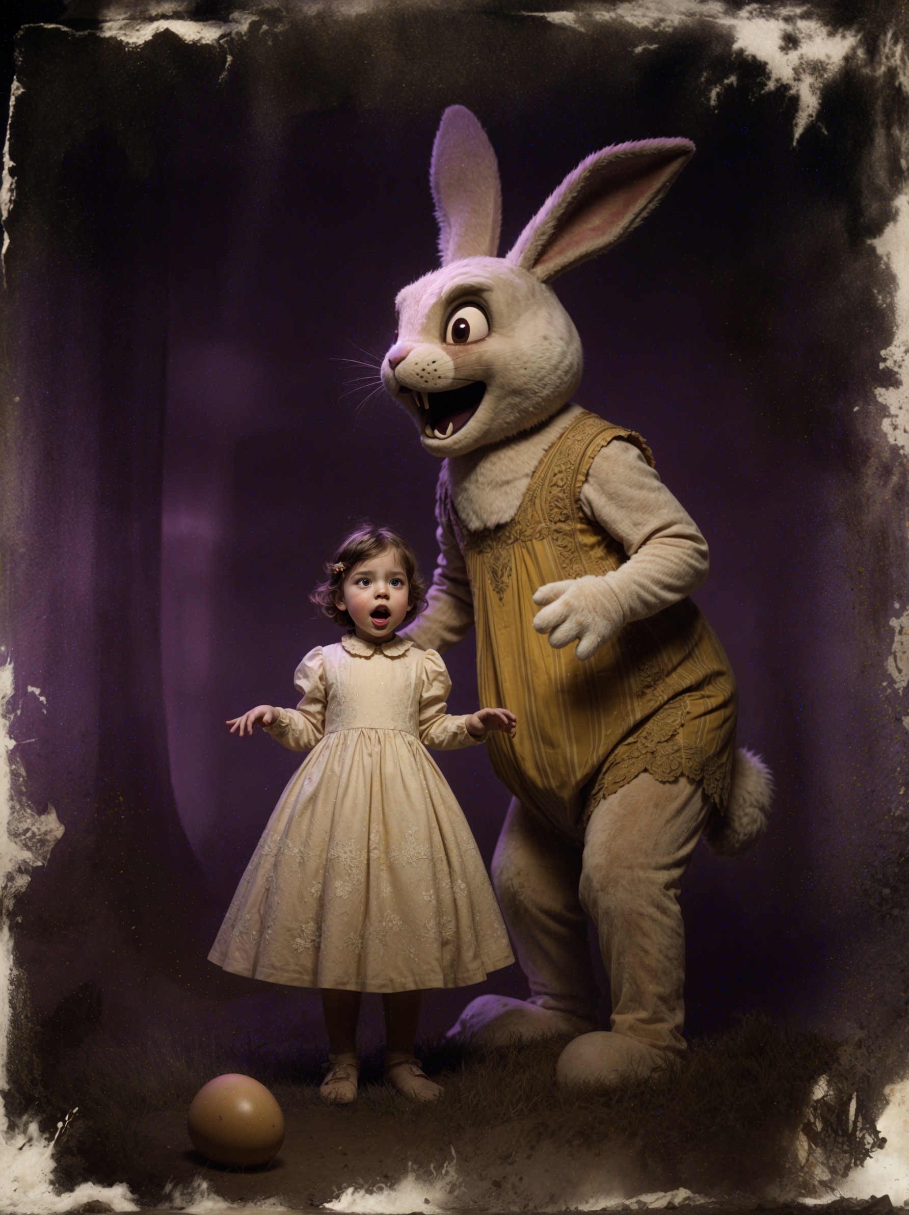 Whimsical Scene of Girl and Friendly Bunny in Purple Light