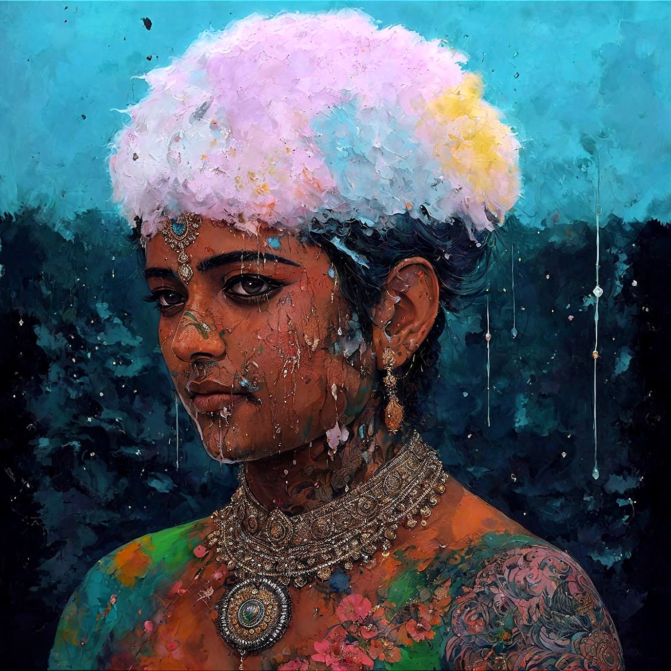 Portrait with Cloud-Like Headpiece and Jewelry Details