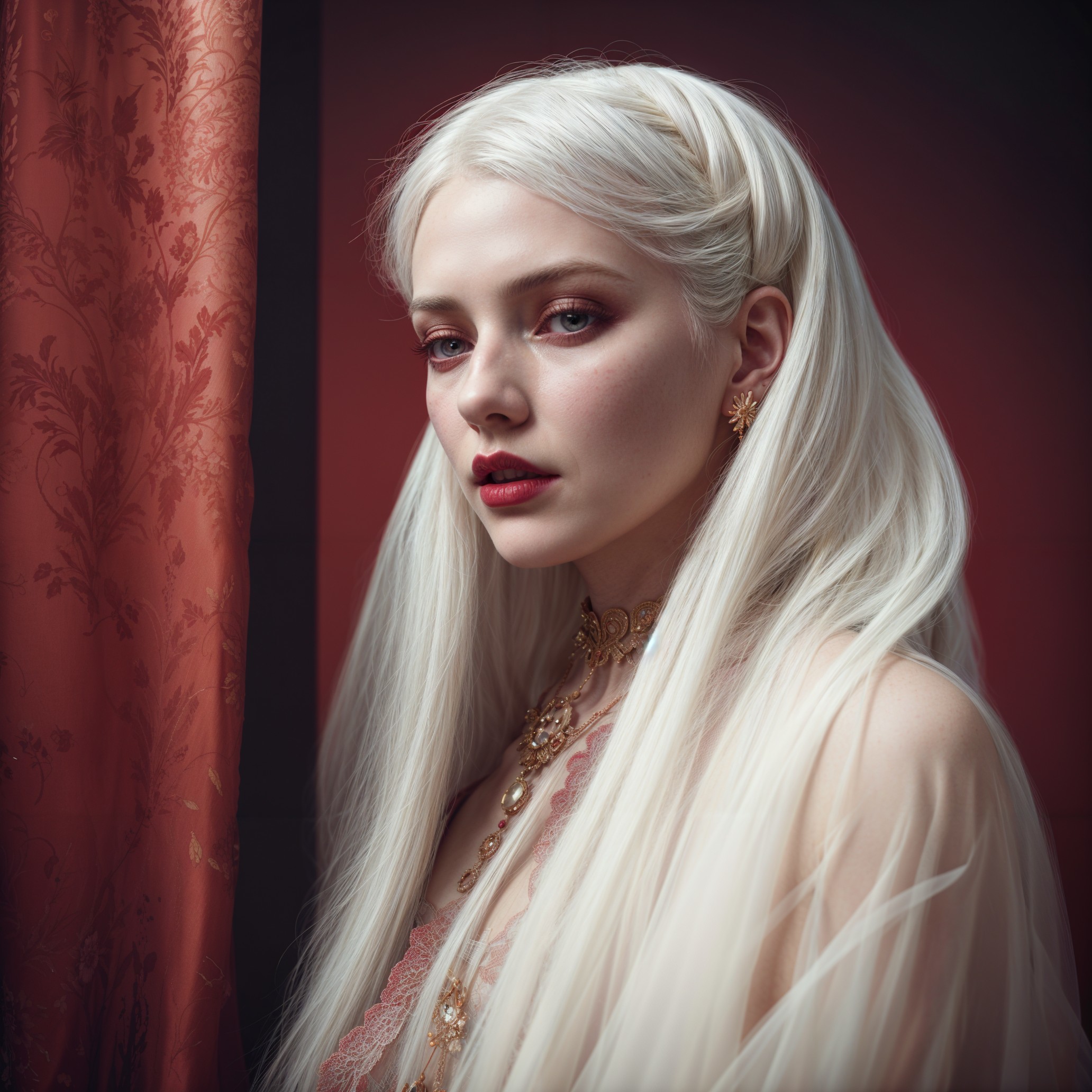 Elegant Figure with White Hair and Red Eyes