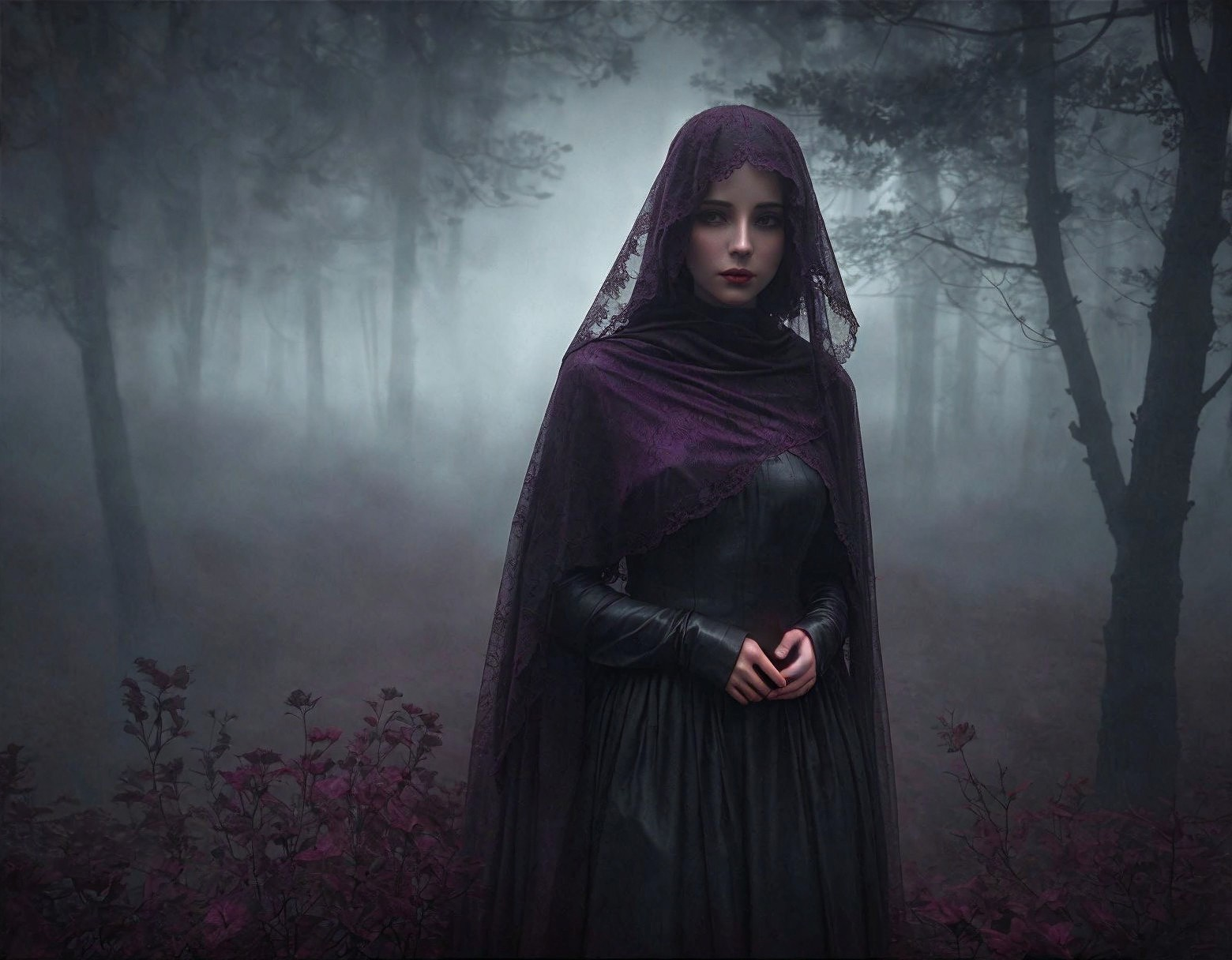 Young woman in dark veil in misty forest setting