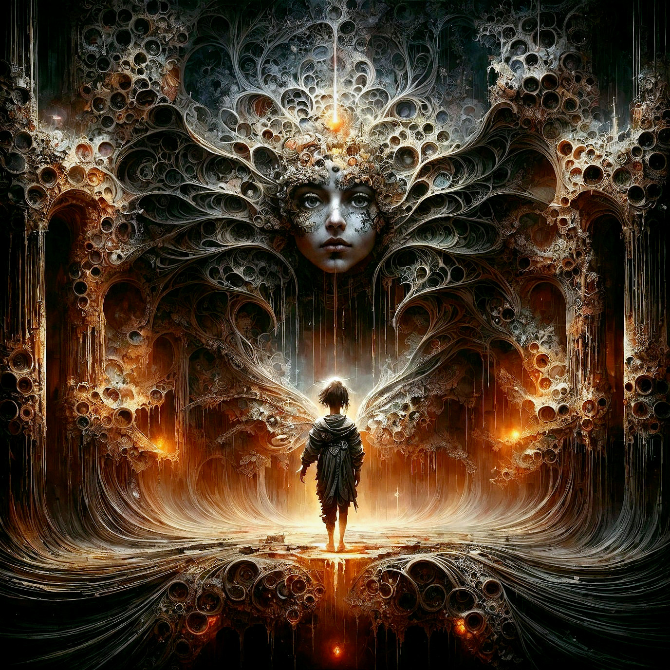 Surreal Child in Front of Ornate Ethereal Backdrop