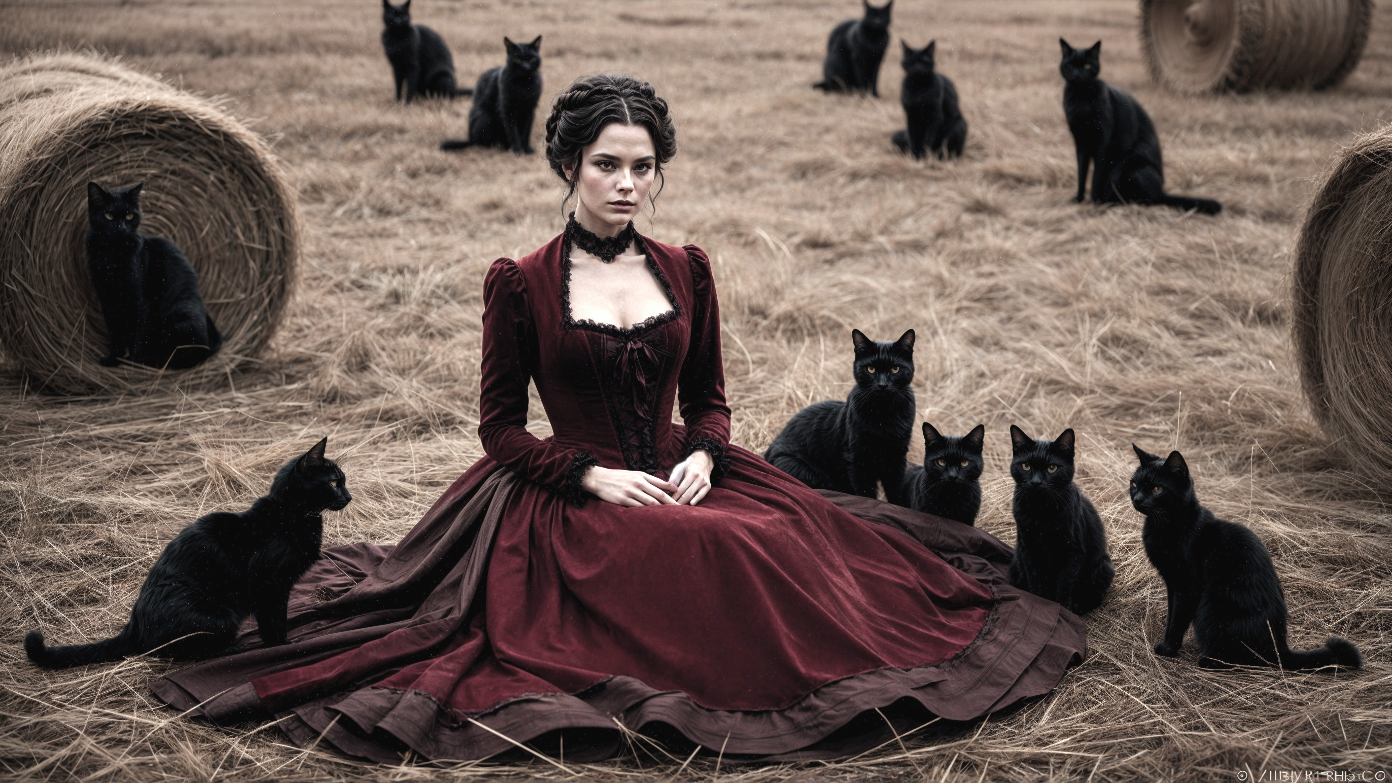 Victorian Woman in Red Dress Surrounded by Cats