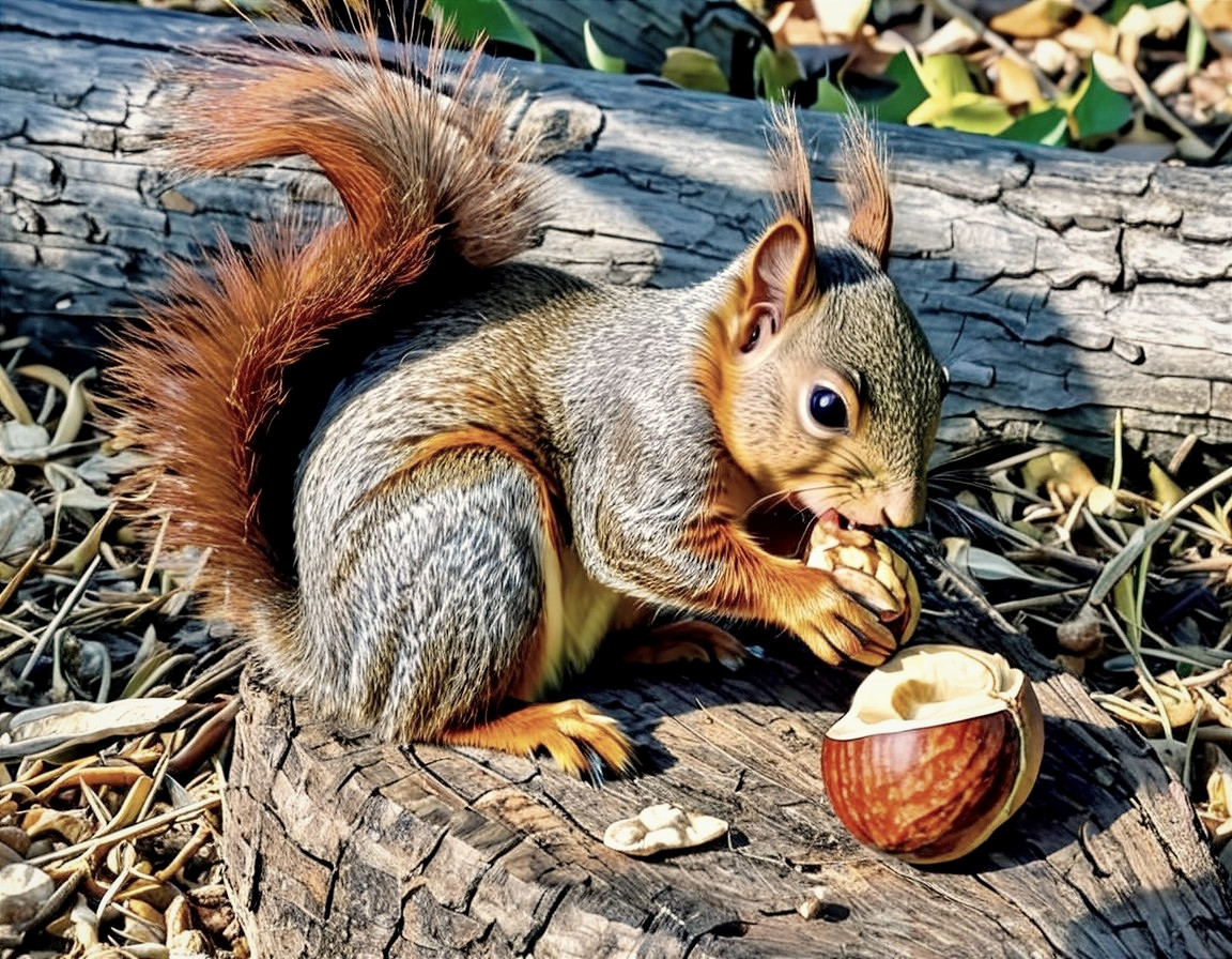 Squirrel Nibbling Nut in Autumnal Forest Setting