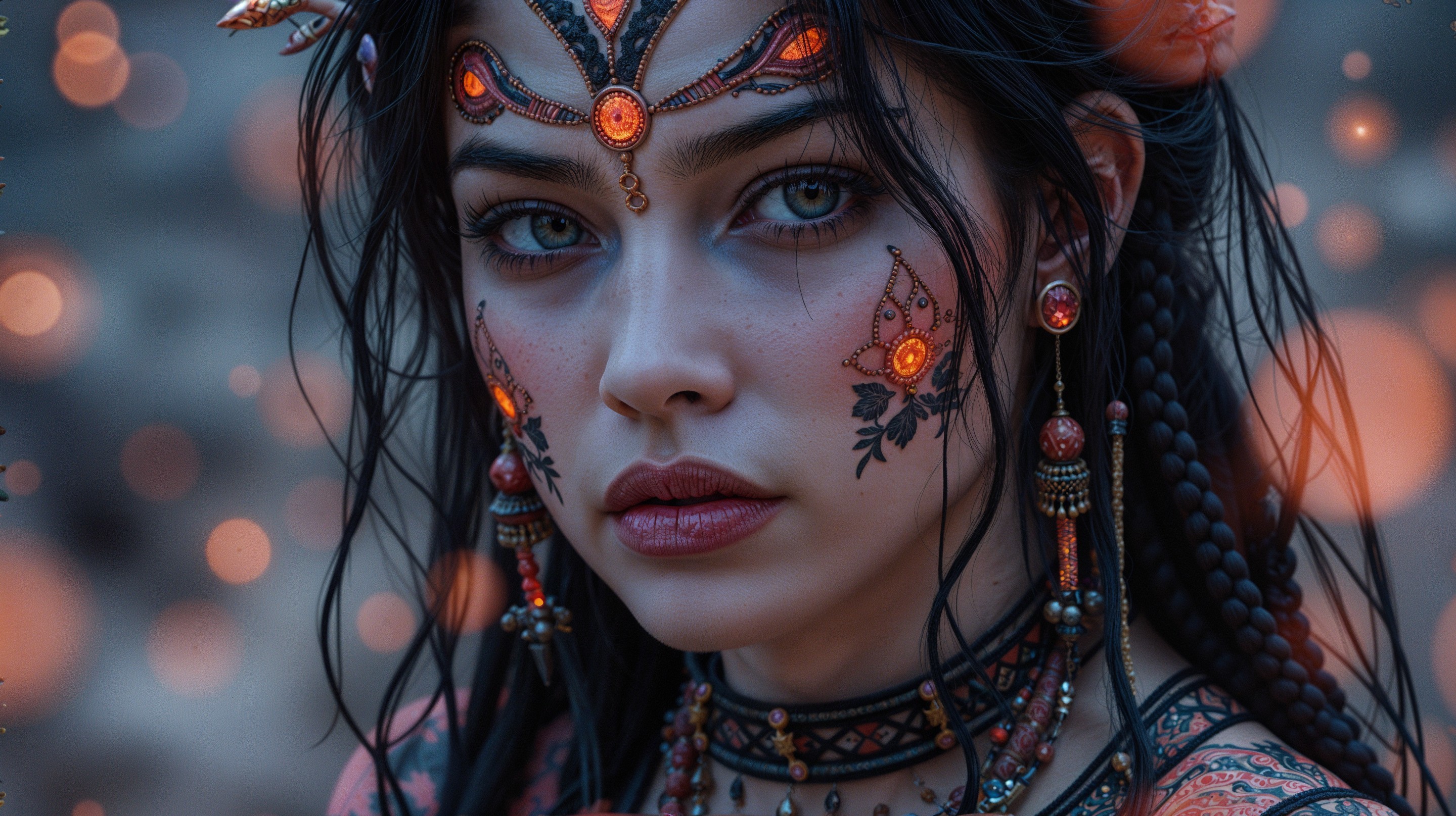 Young woman with striking features and ornate jewelry