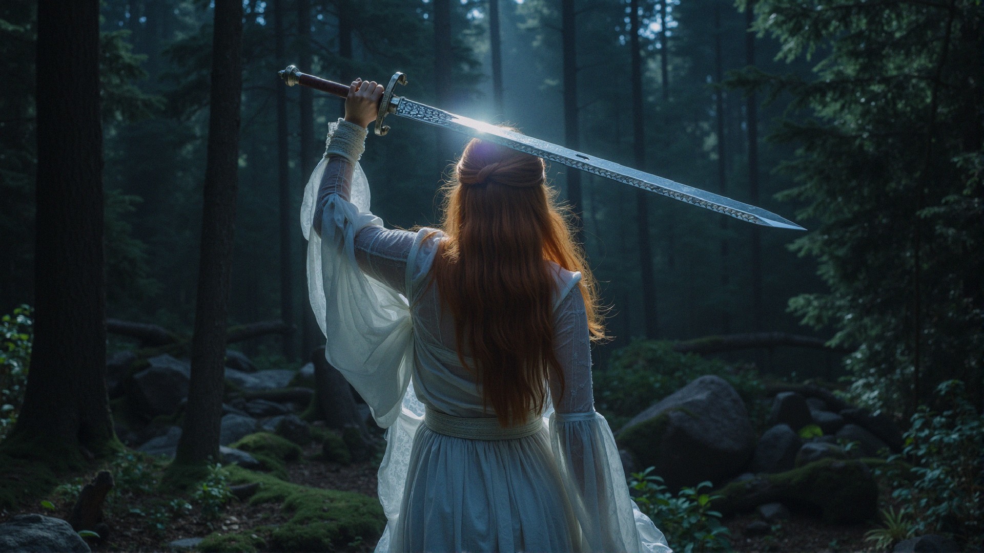 Woman in White Gown with Sword in Misty Forest