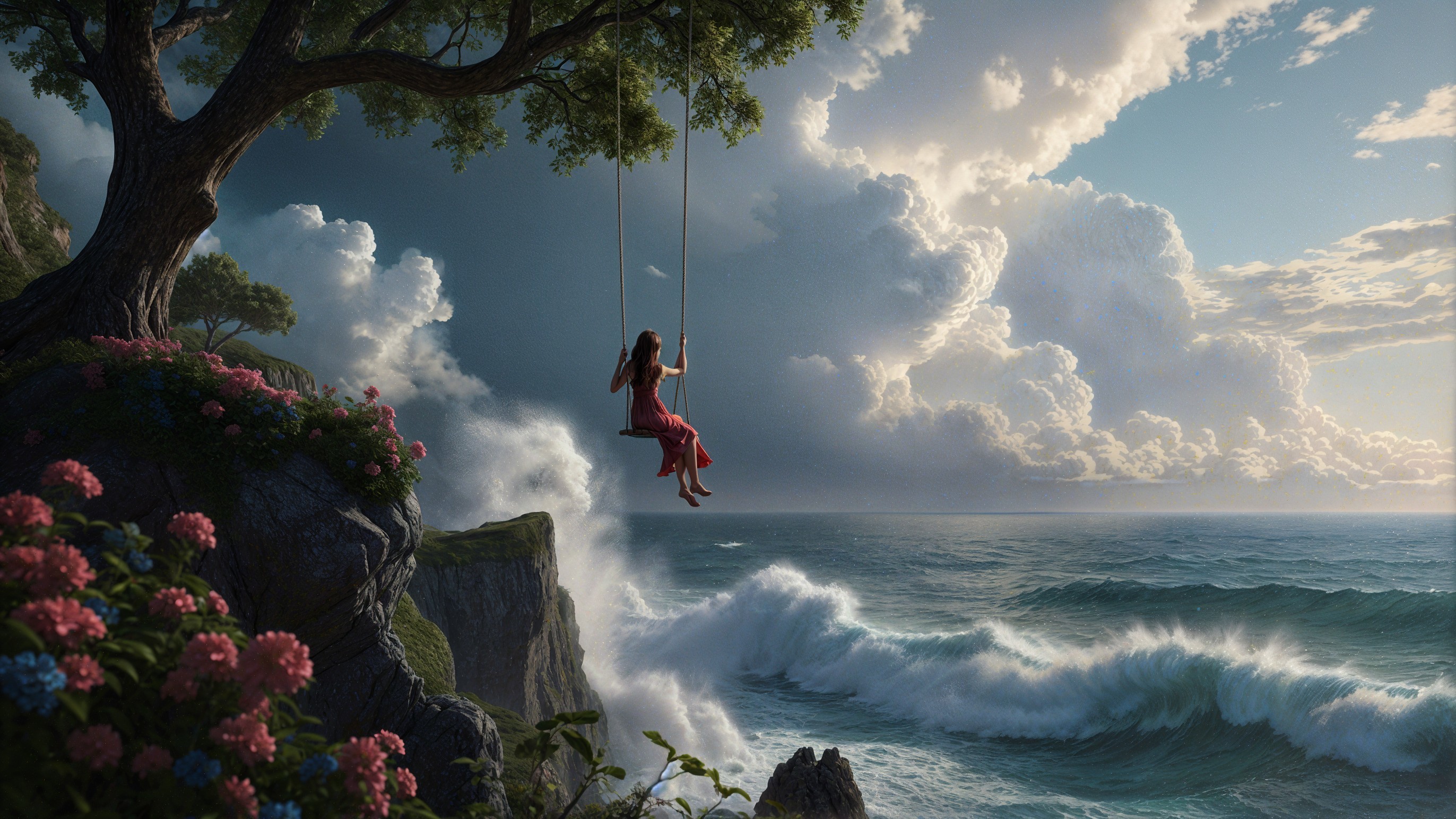 Young Woman on Swing in Serene Ocean Landscape