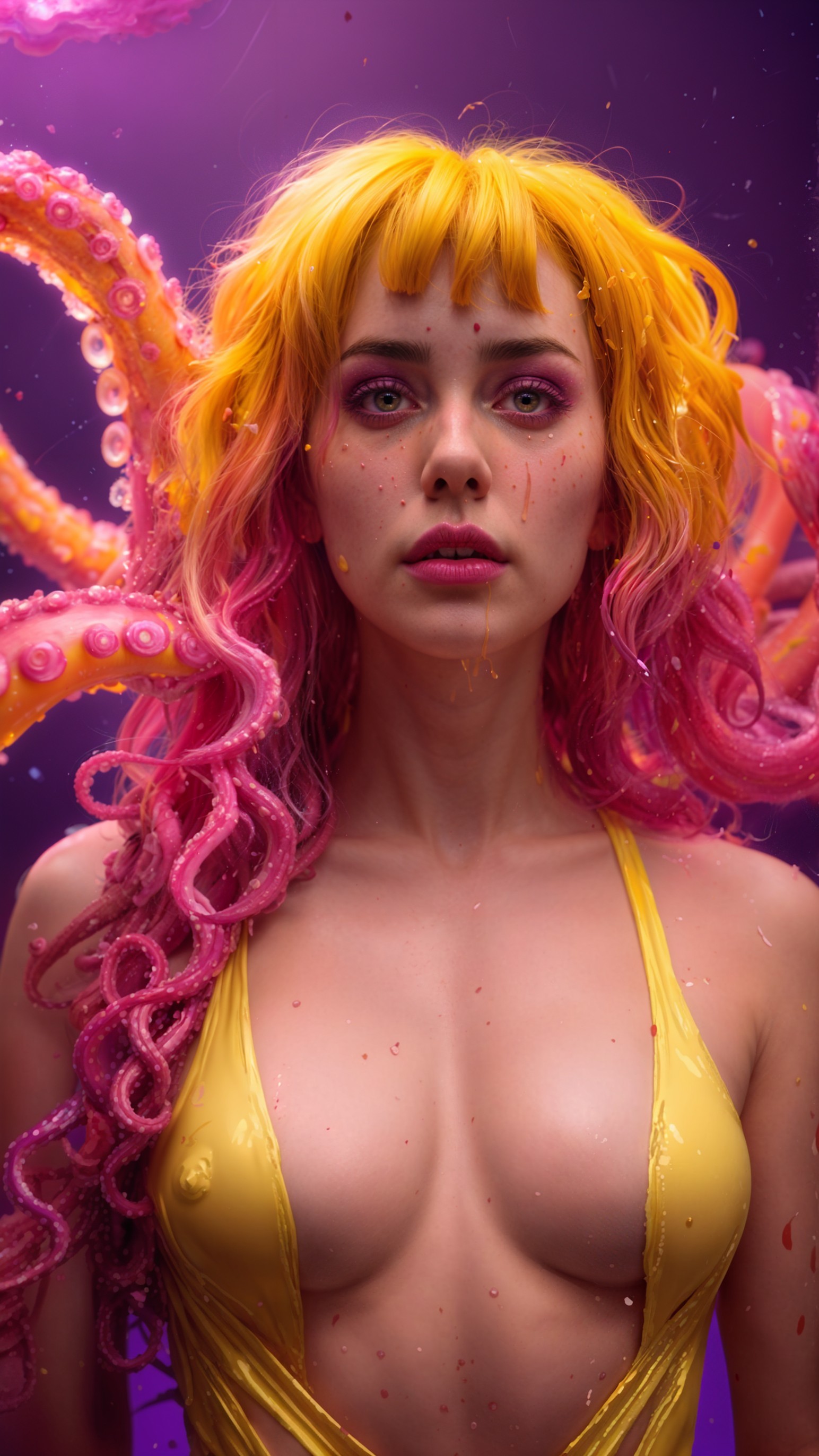 Mystical Figure with Colorful Hair and Tentacles