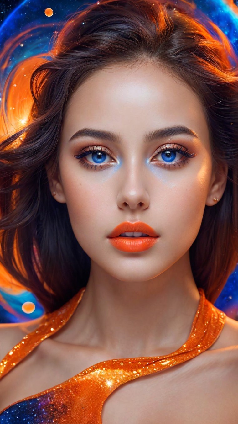 Young woman with blue eyes in cosmic setting