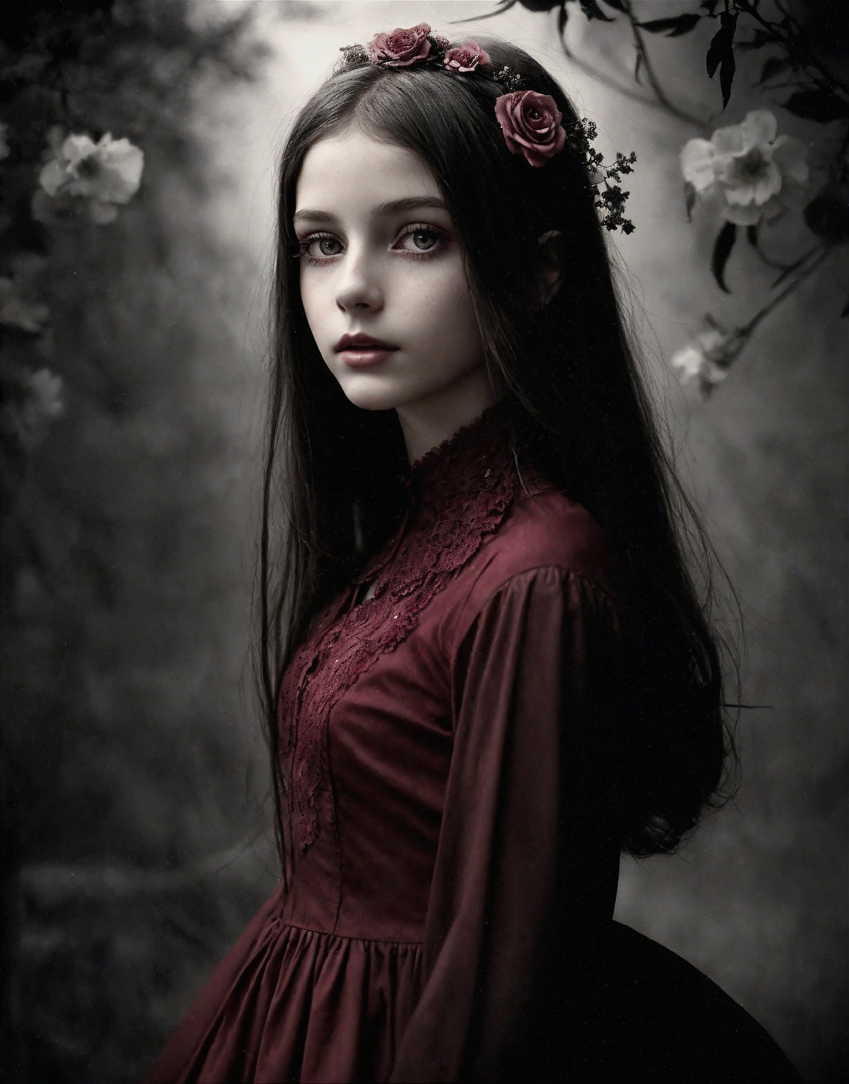 Young girl in burgundy dress with lace and roses
