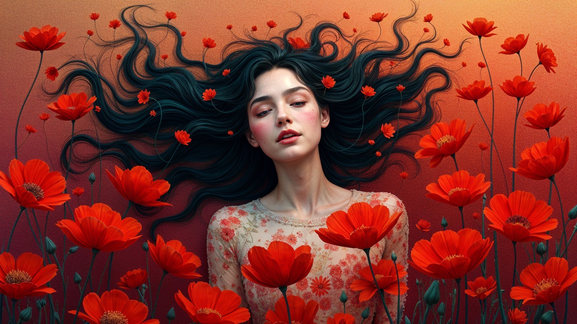 Dreamlike Serenity Among Red Blossoms