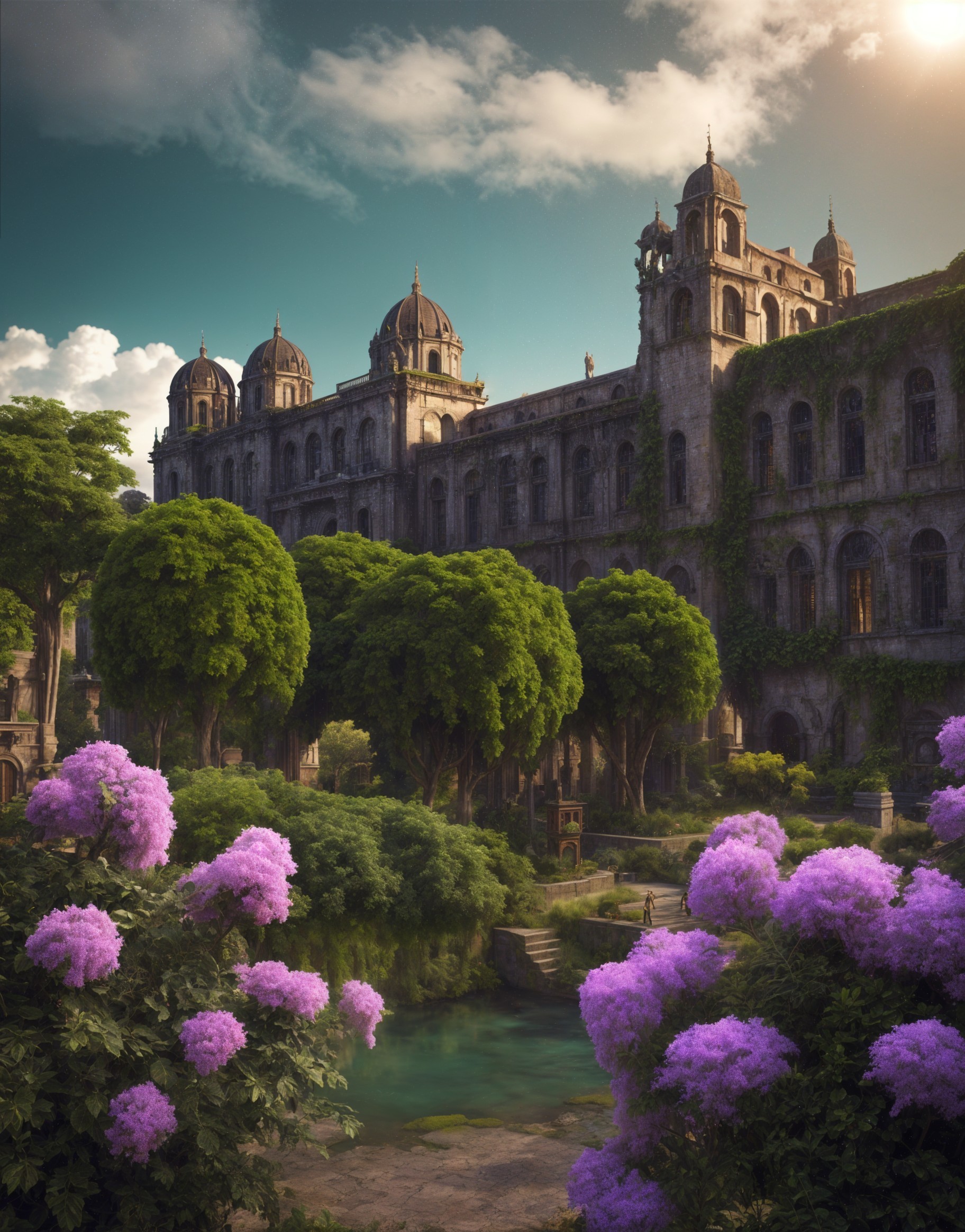 Ancient palace surrounded by greenery and vibrant flowers