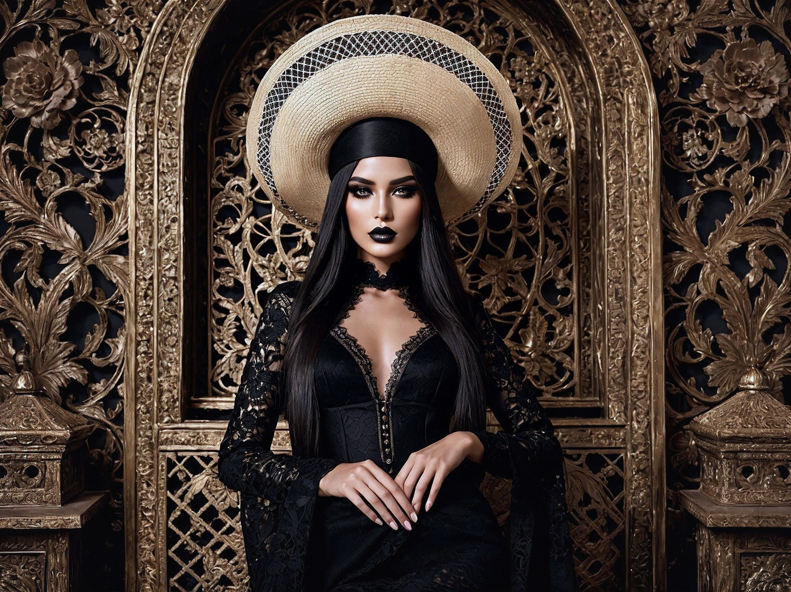 Regal figure on ornate throne in dramatic black gown