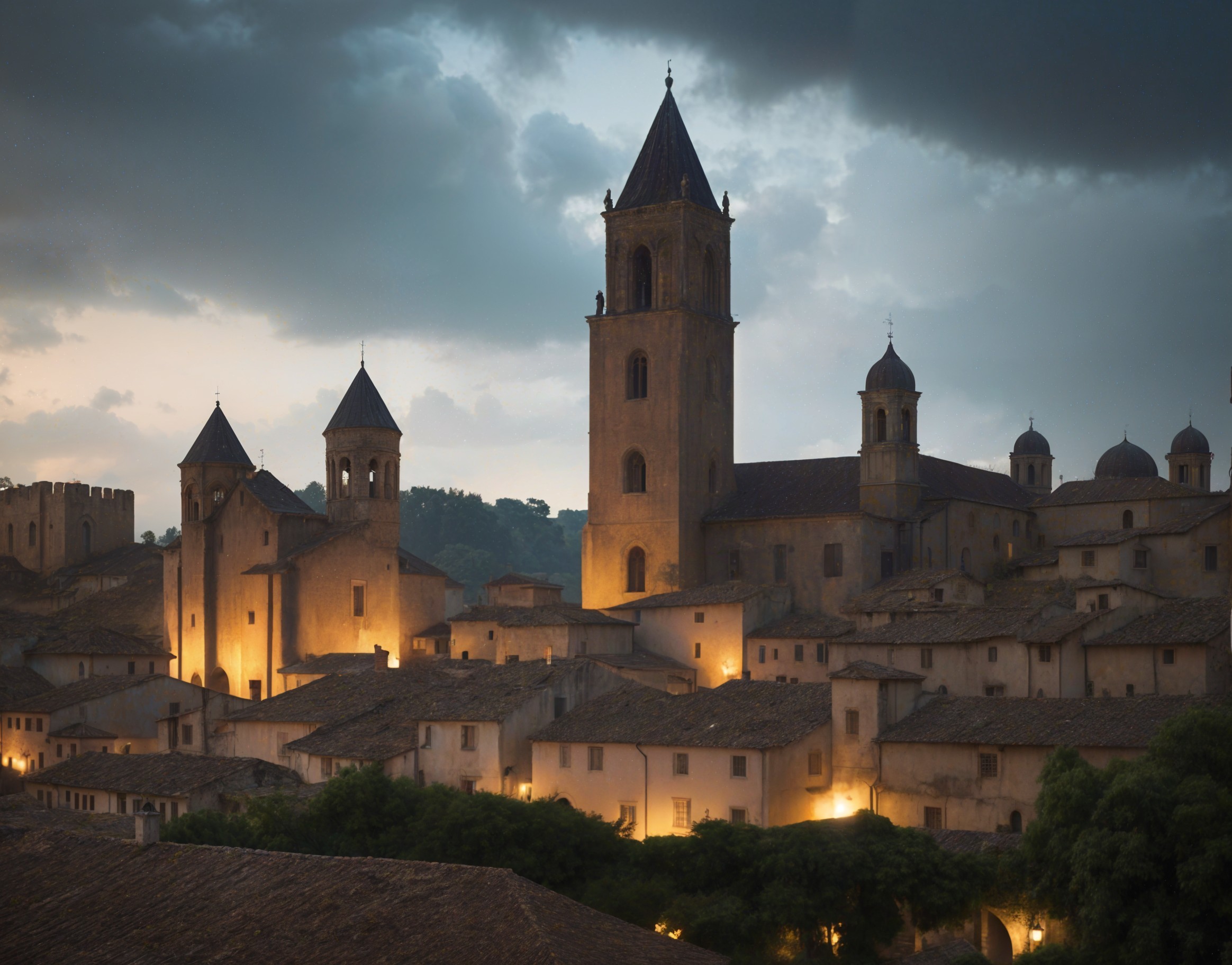 Medieval Village at Twilight with Stone Towers and Hills