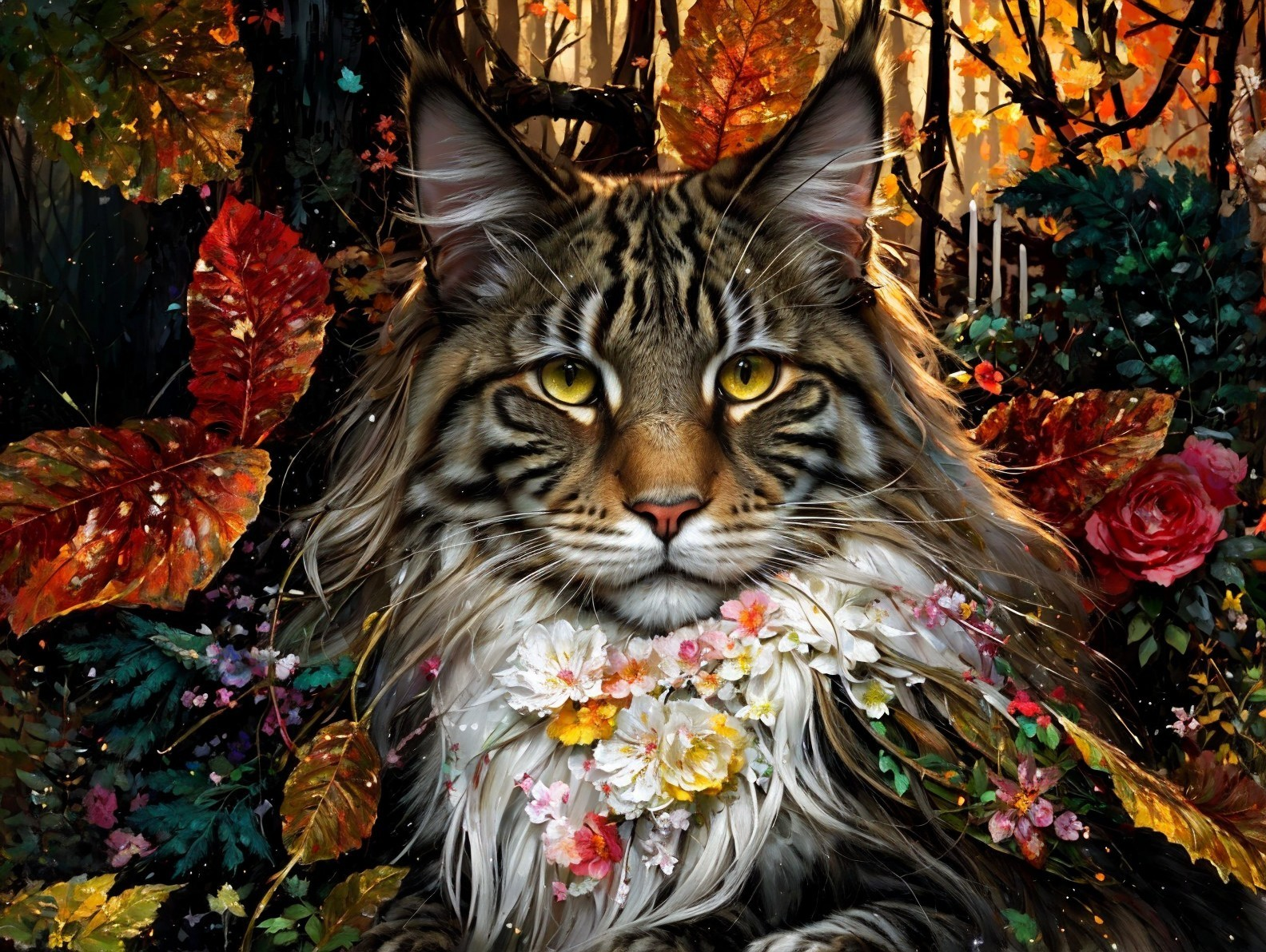 Majestic Cat in Vibrant Autumn Landscape with Flowers