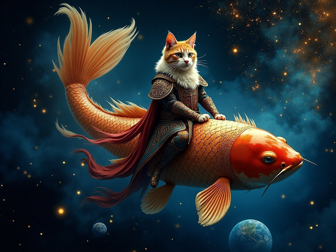 Regal Cat in Armor on Koi Fish in Cosmic Scene