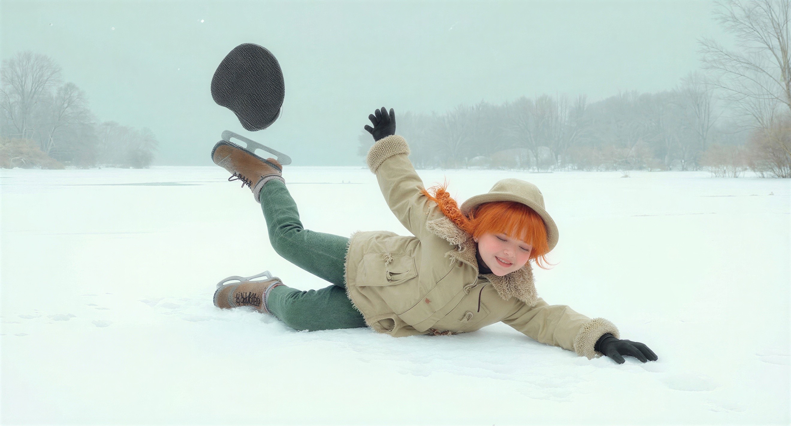 Joyful girl with red hair playing in the snow
