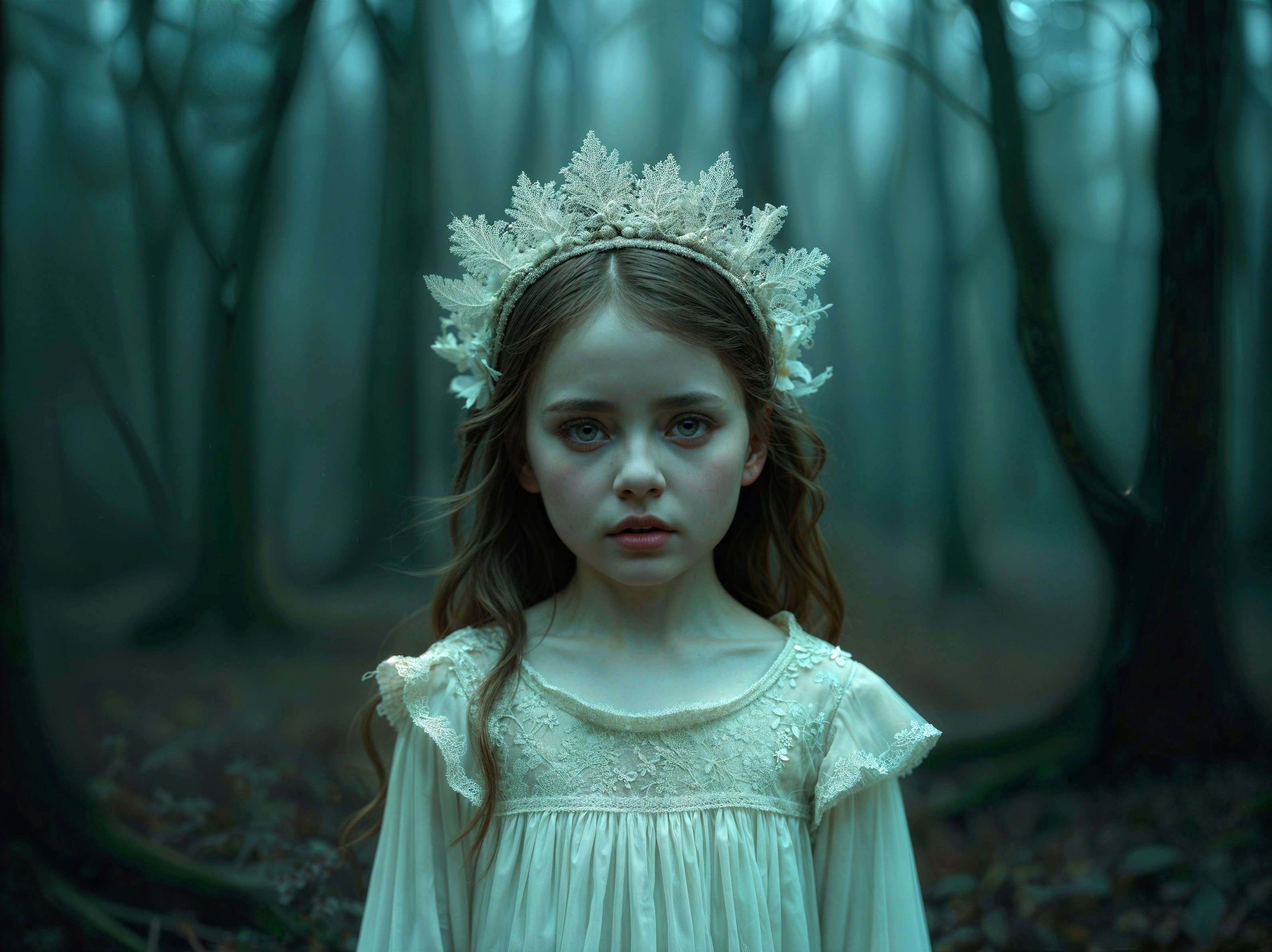 Young girl in a misty forest wearing a white dress