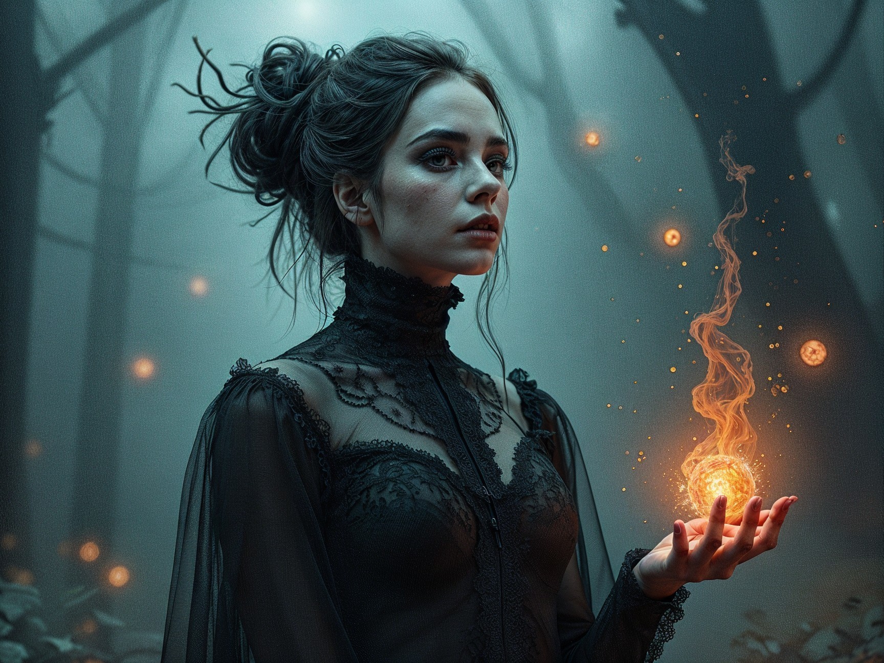Young woman in dark gown with glowing orb in forest