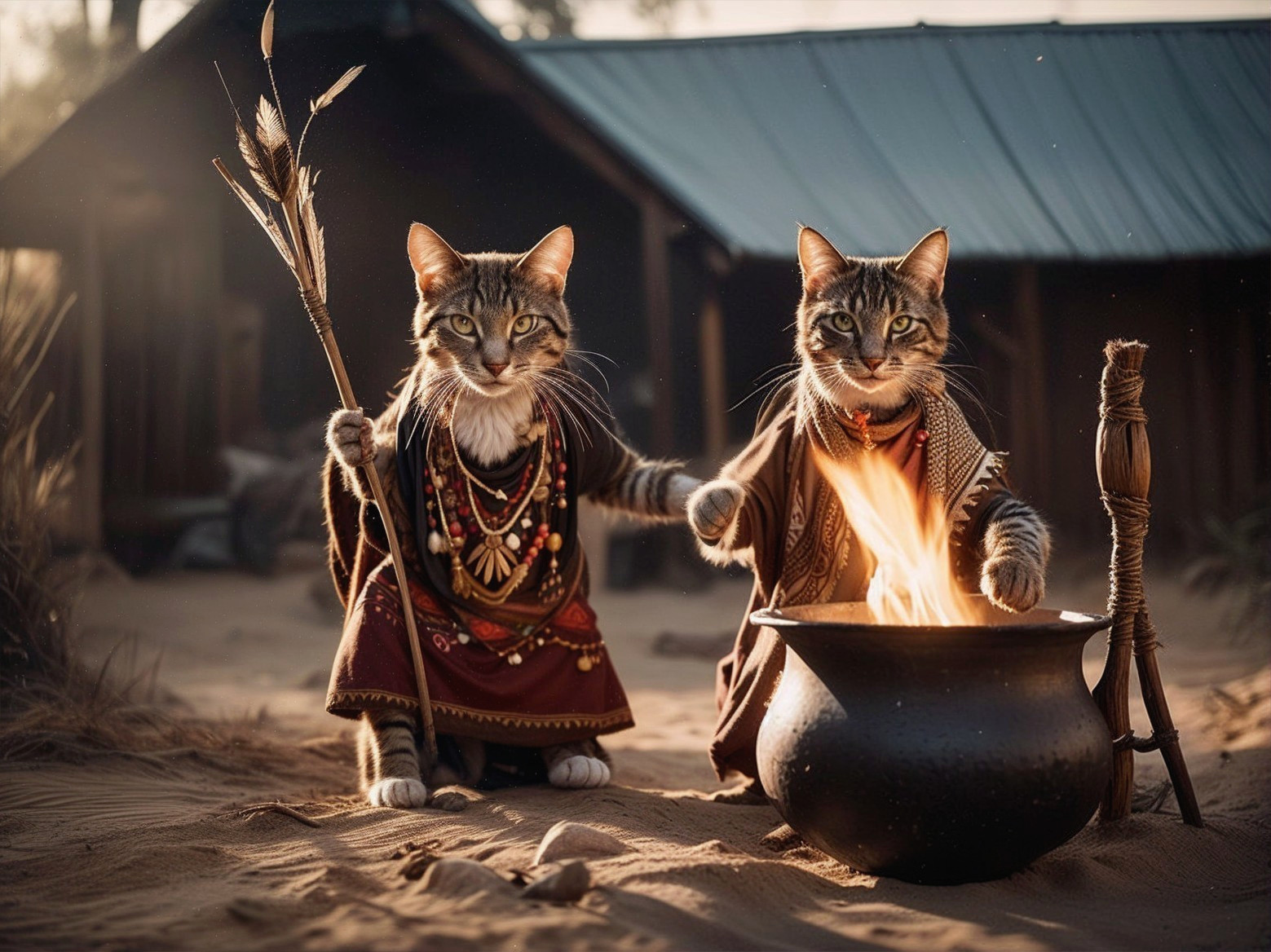 Whimsical Cats in Tribal Attire by a Cauldron