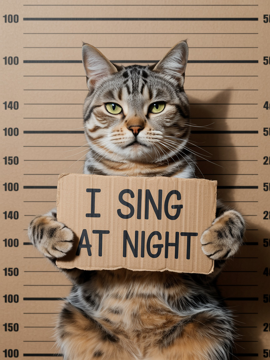 Stylish Cat with Height Chart and Playful Sign