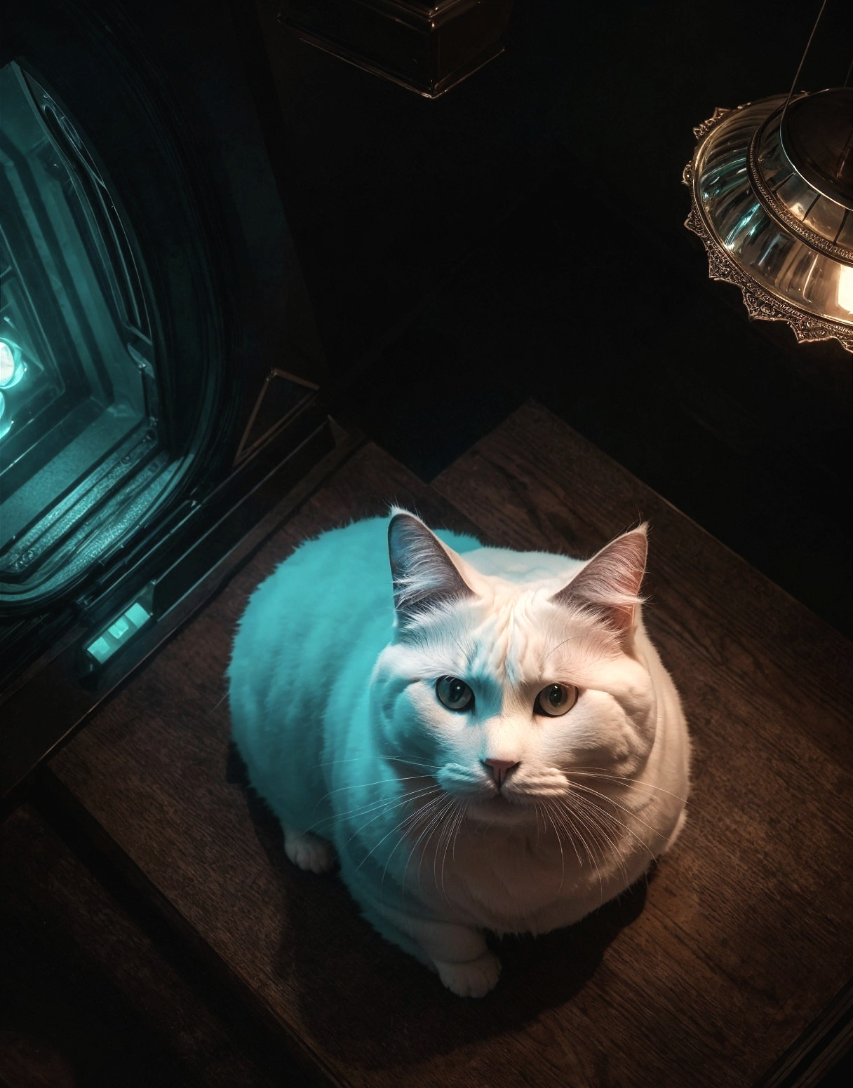 Fluffy White Cat with Blue Eyes on Wooden Surface