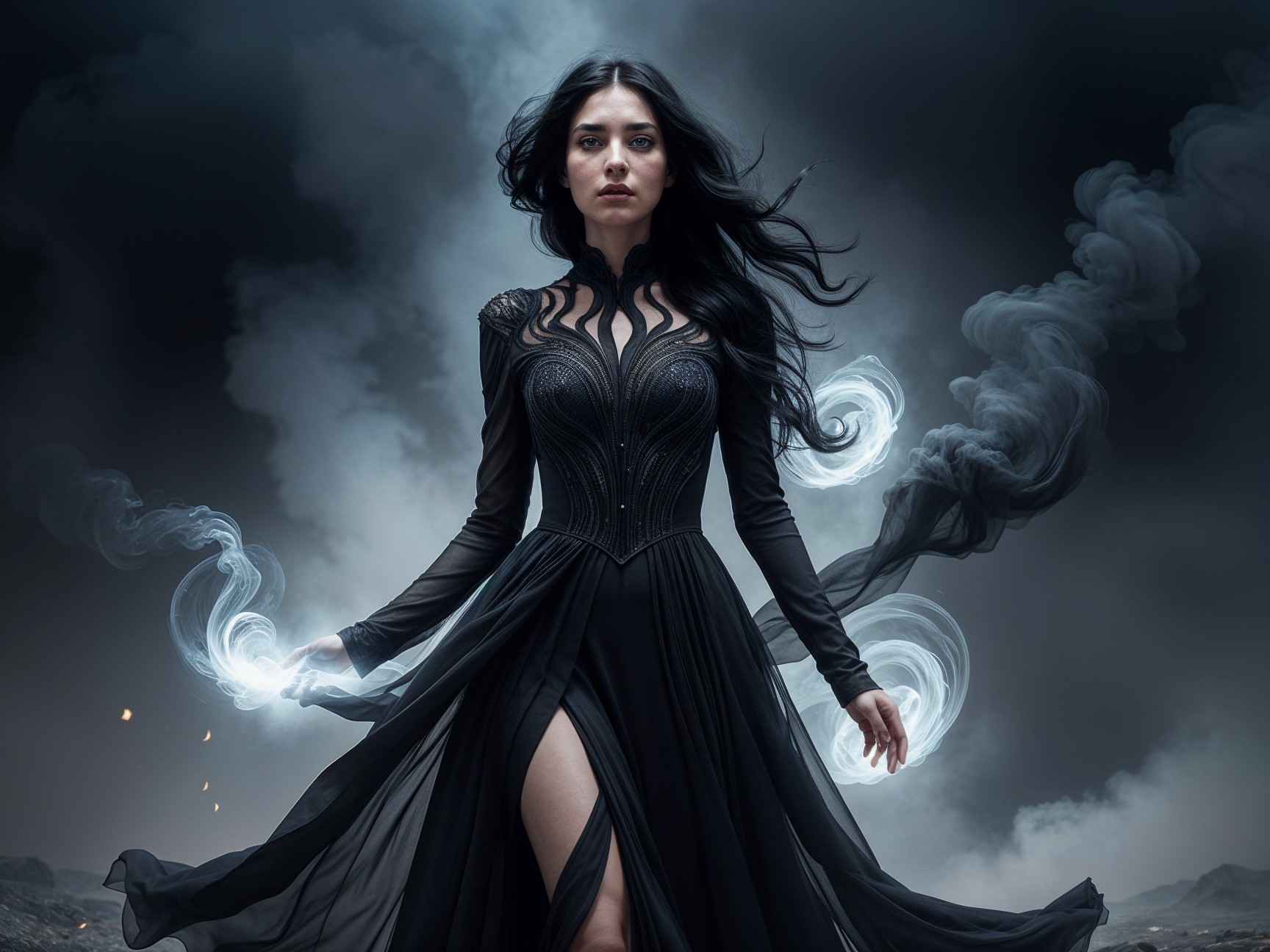 Mysterious Figure in Dramatic Landscape with Magic