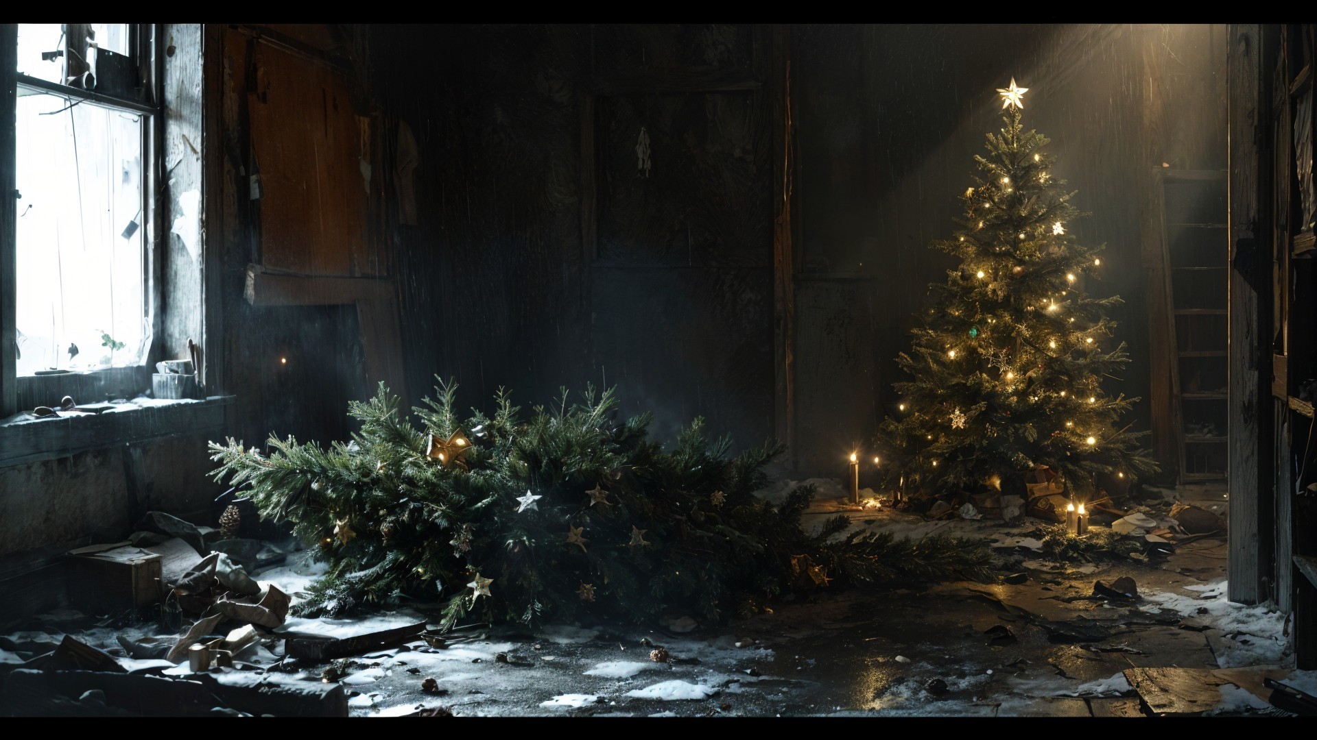 Abandoned Room with Christmas Trees and Debris