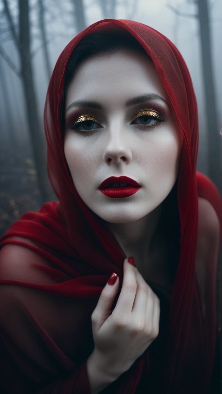 Portrait of a Woman in Red Hood in Misty Forest