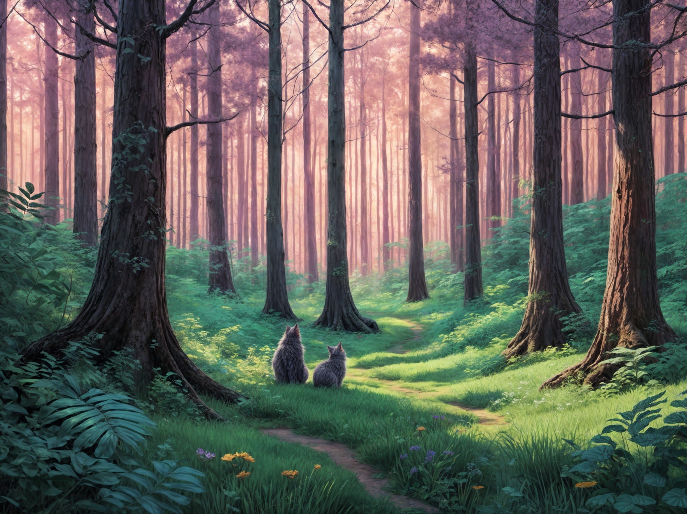 Serene Forest Scene with Wolves and Wildflowers