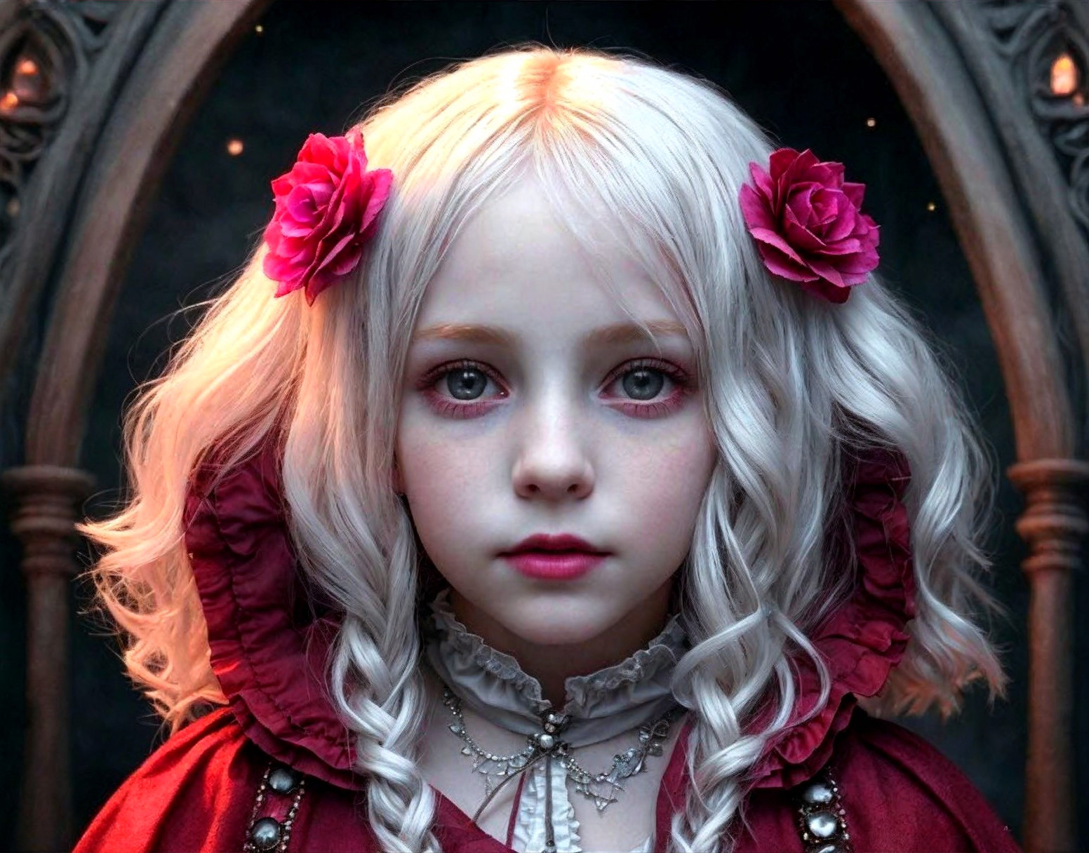 Young girl in red cloak with white hair and roses