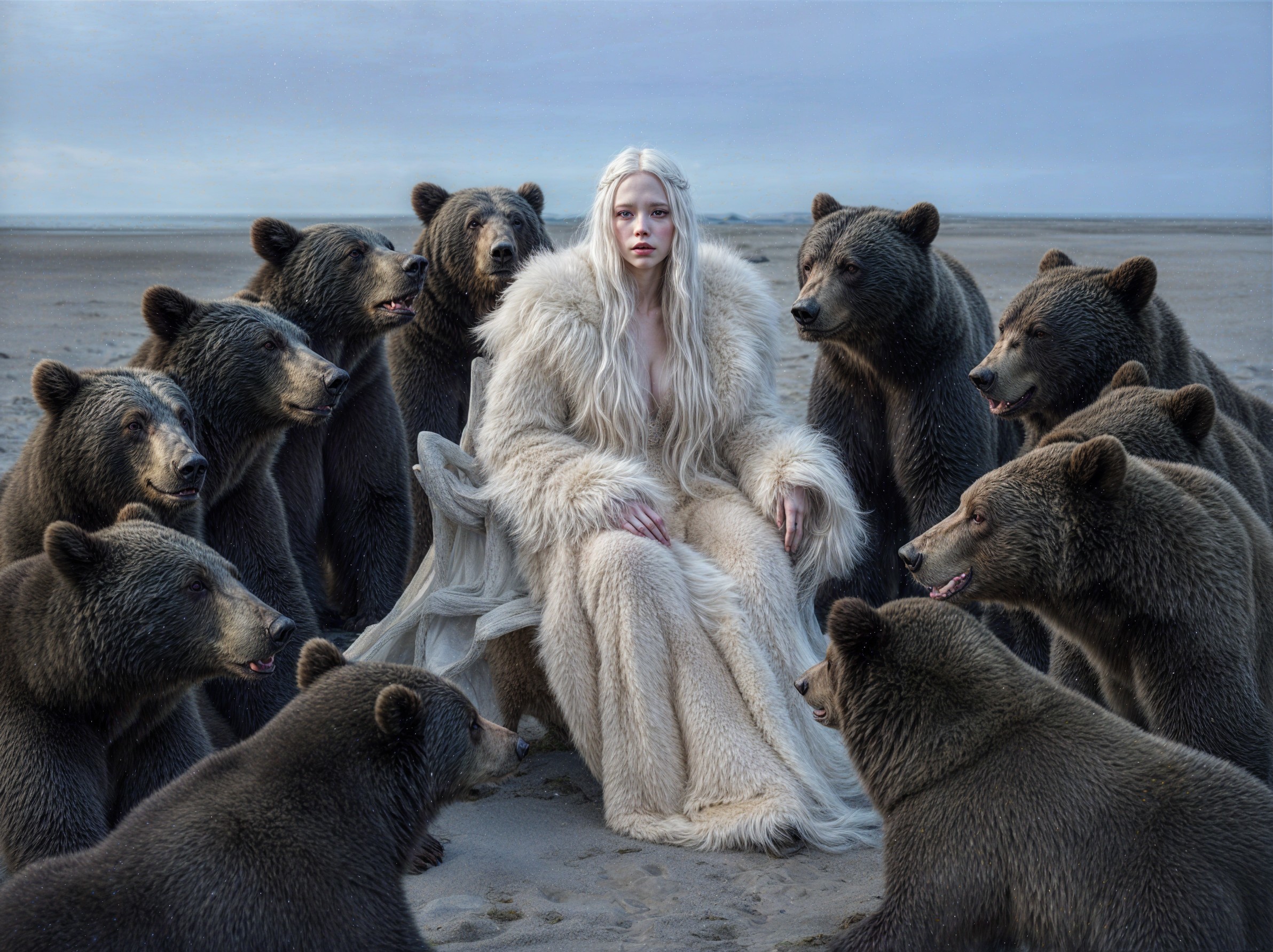 Surreal Scene of Woman Surrounded by Brown Bears