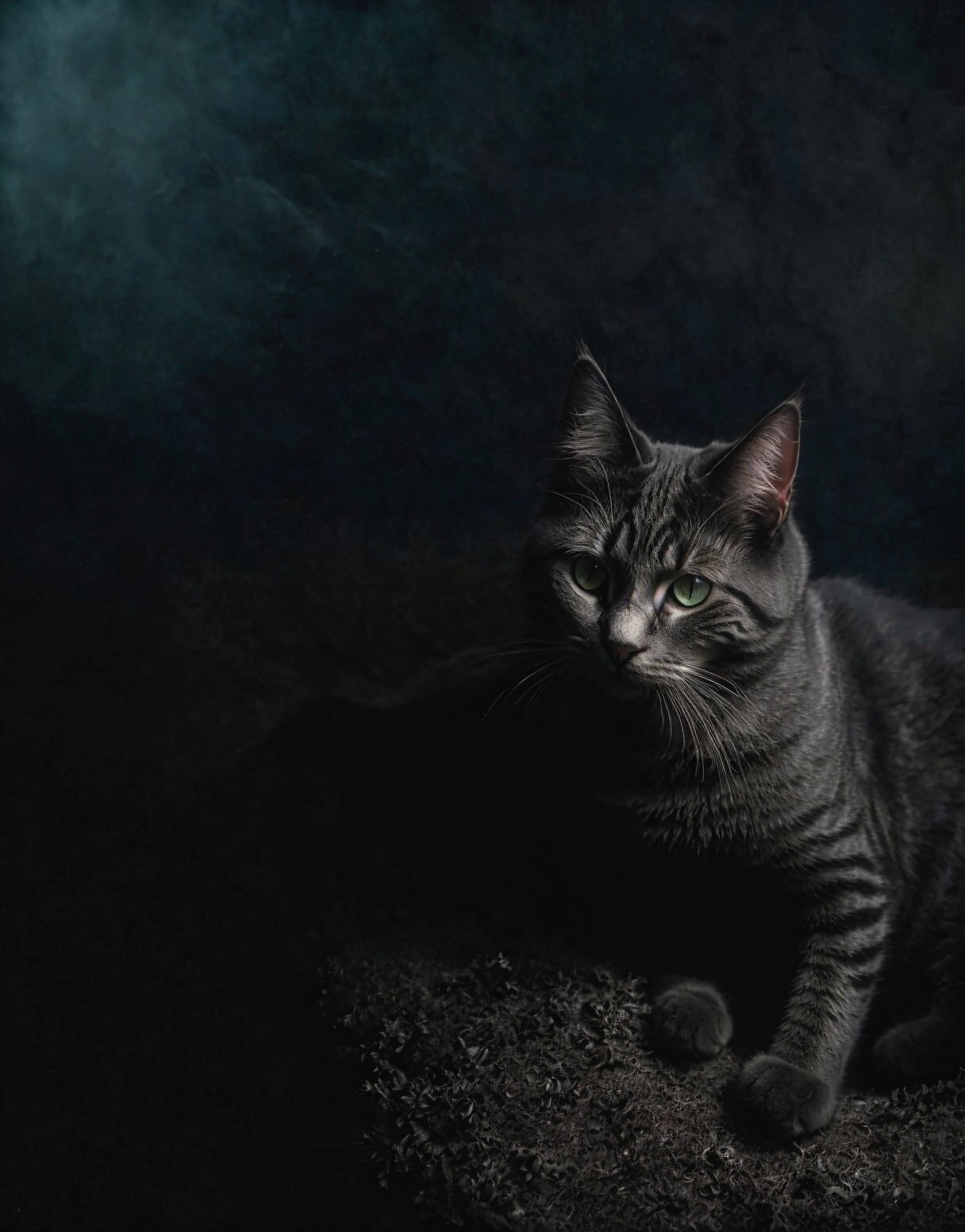 Gray Tabby Cat with Green Eyes in Dim Light