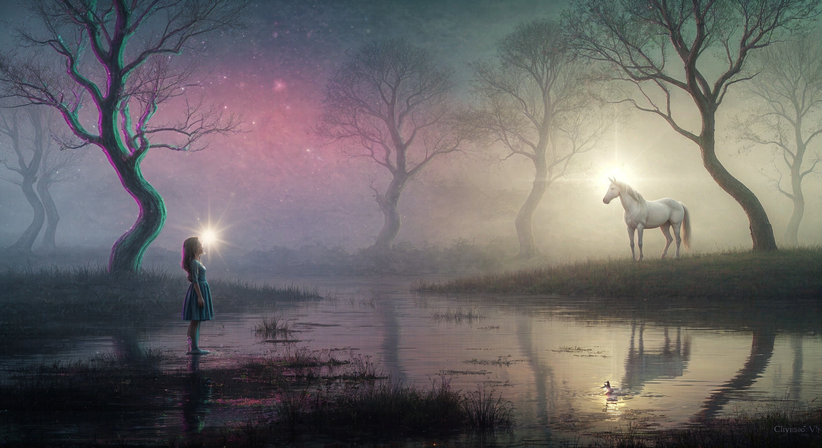 Mystical Twilight Scene with Girl and Unicorn by Lake