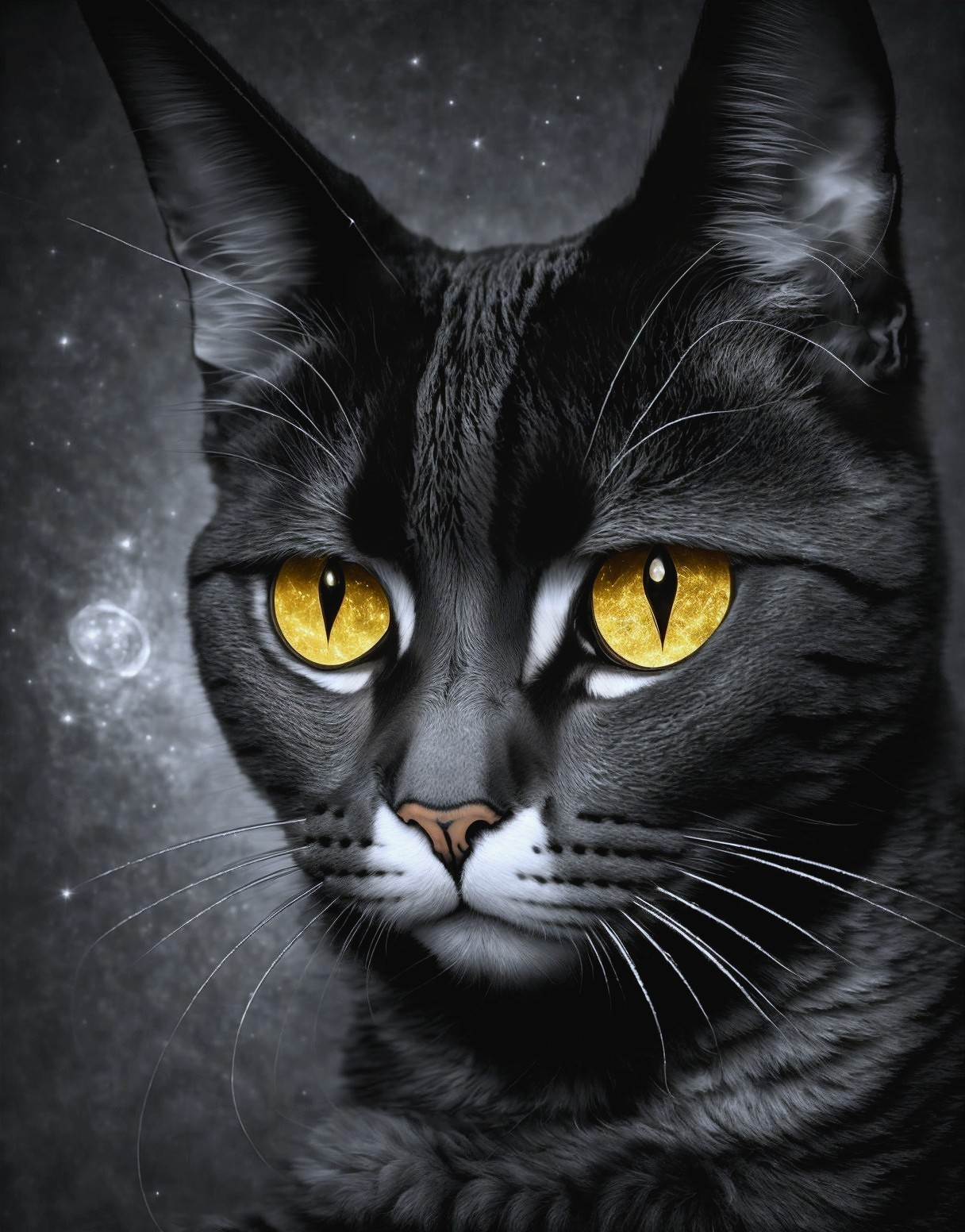 Portrait of a black cat against a cosmic backdrop