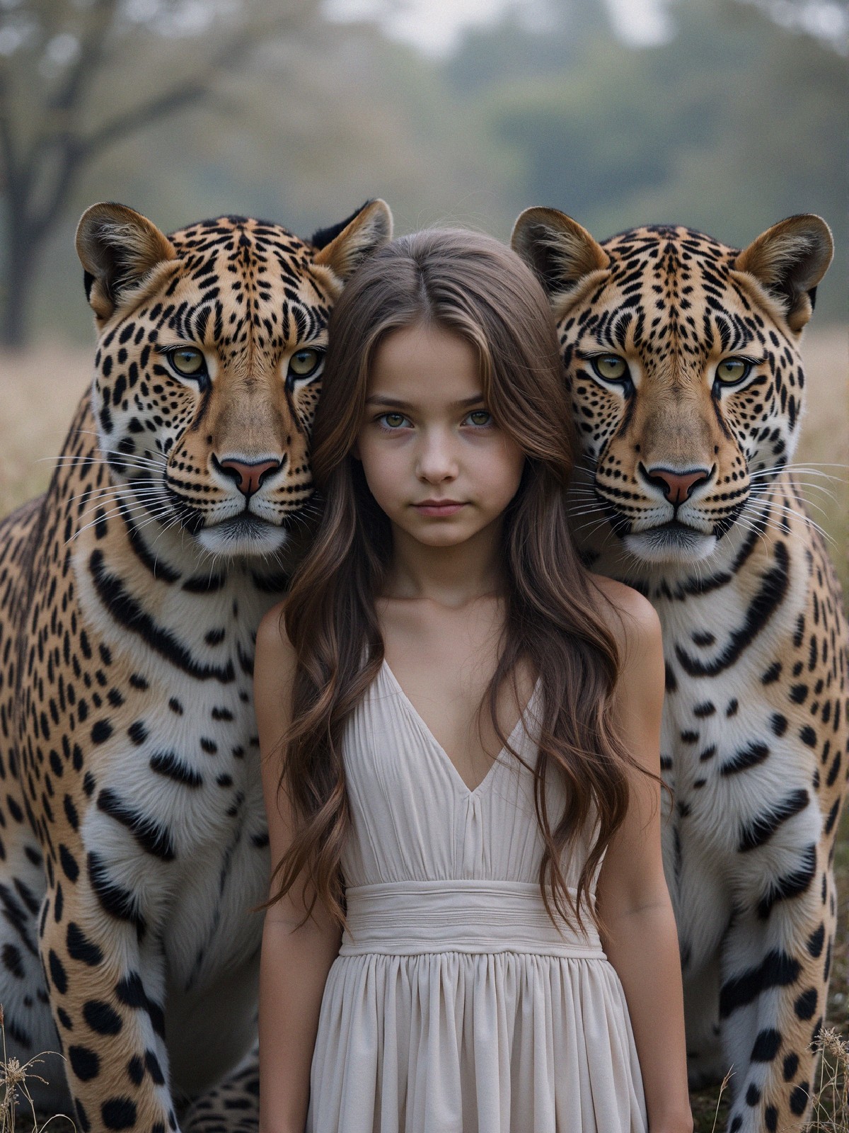 Girl in Beige Dress with Leopards in Nature