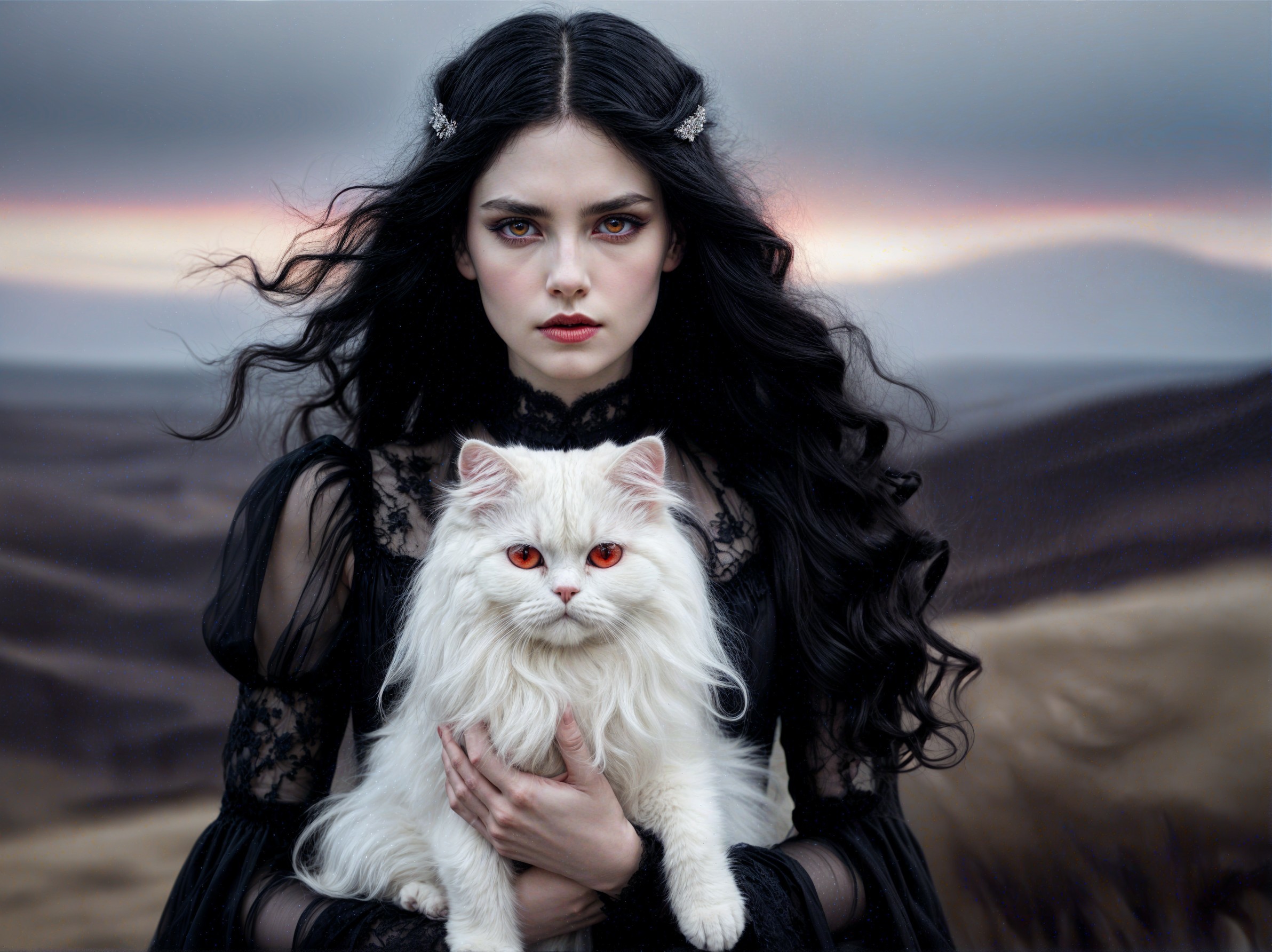 Woman in black dress with white cat in dramatic landscape