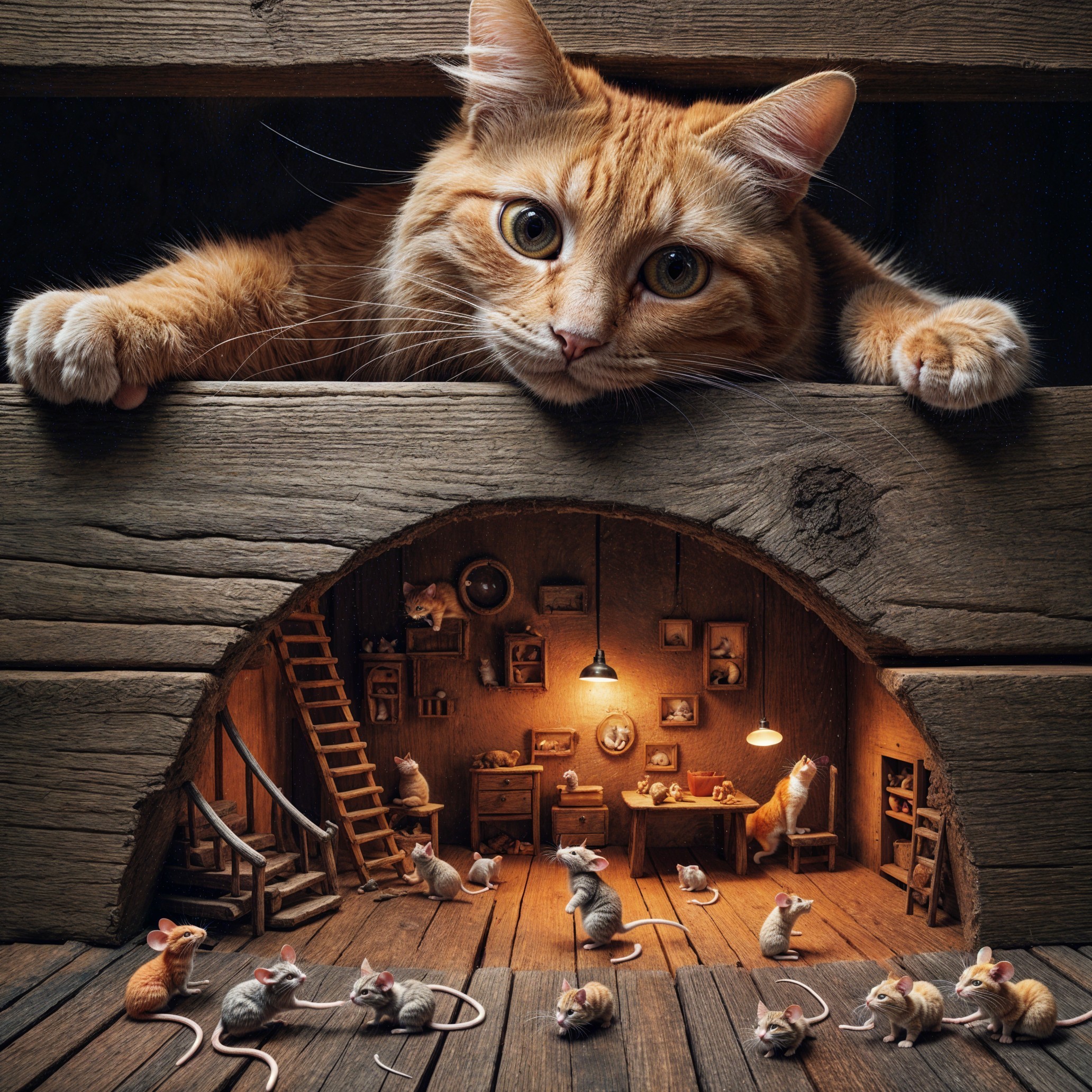 Orange Tabby Cat Observes Mice in Miniature Room