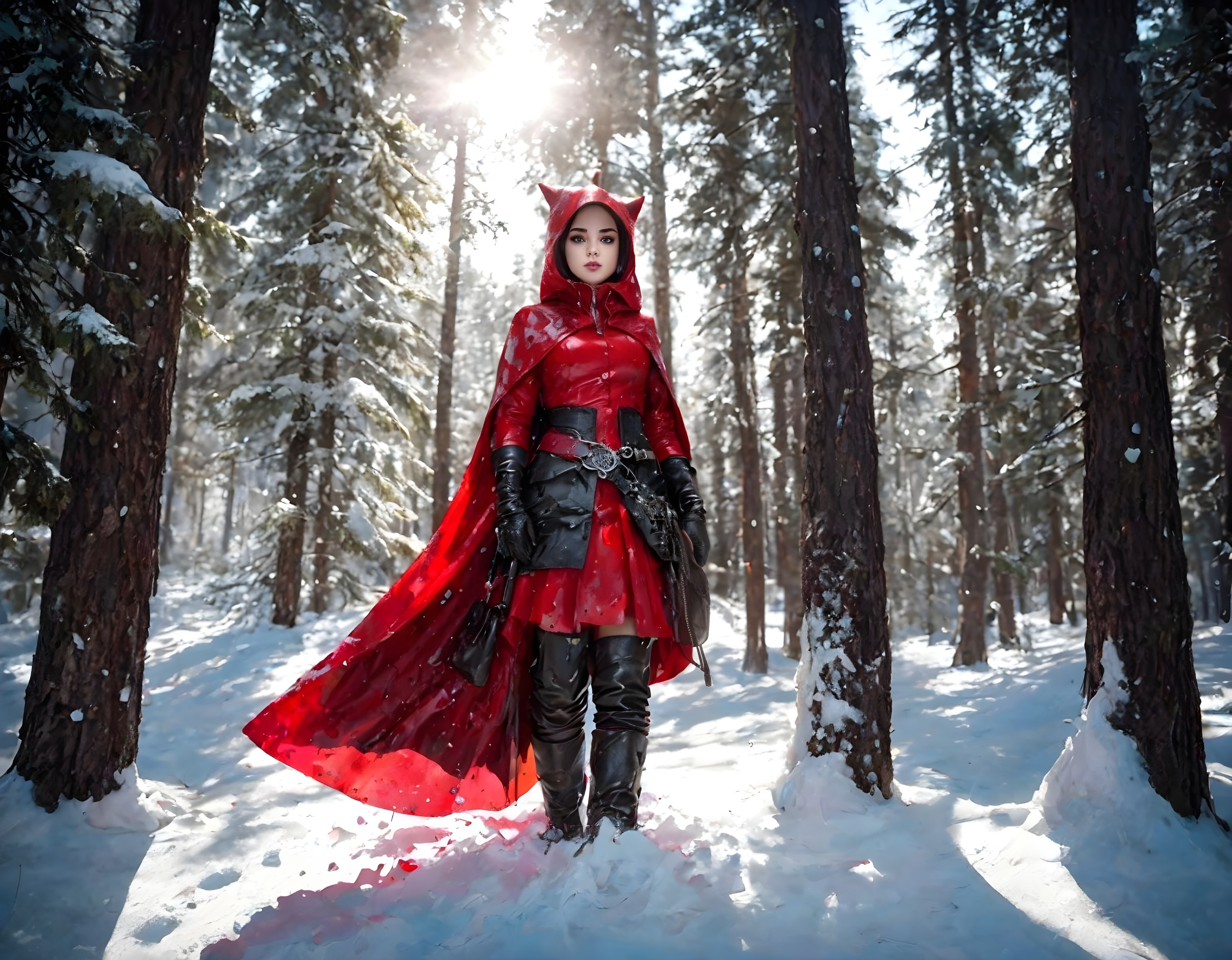 Figure in Red Cloak in Snowy Forest Setting