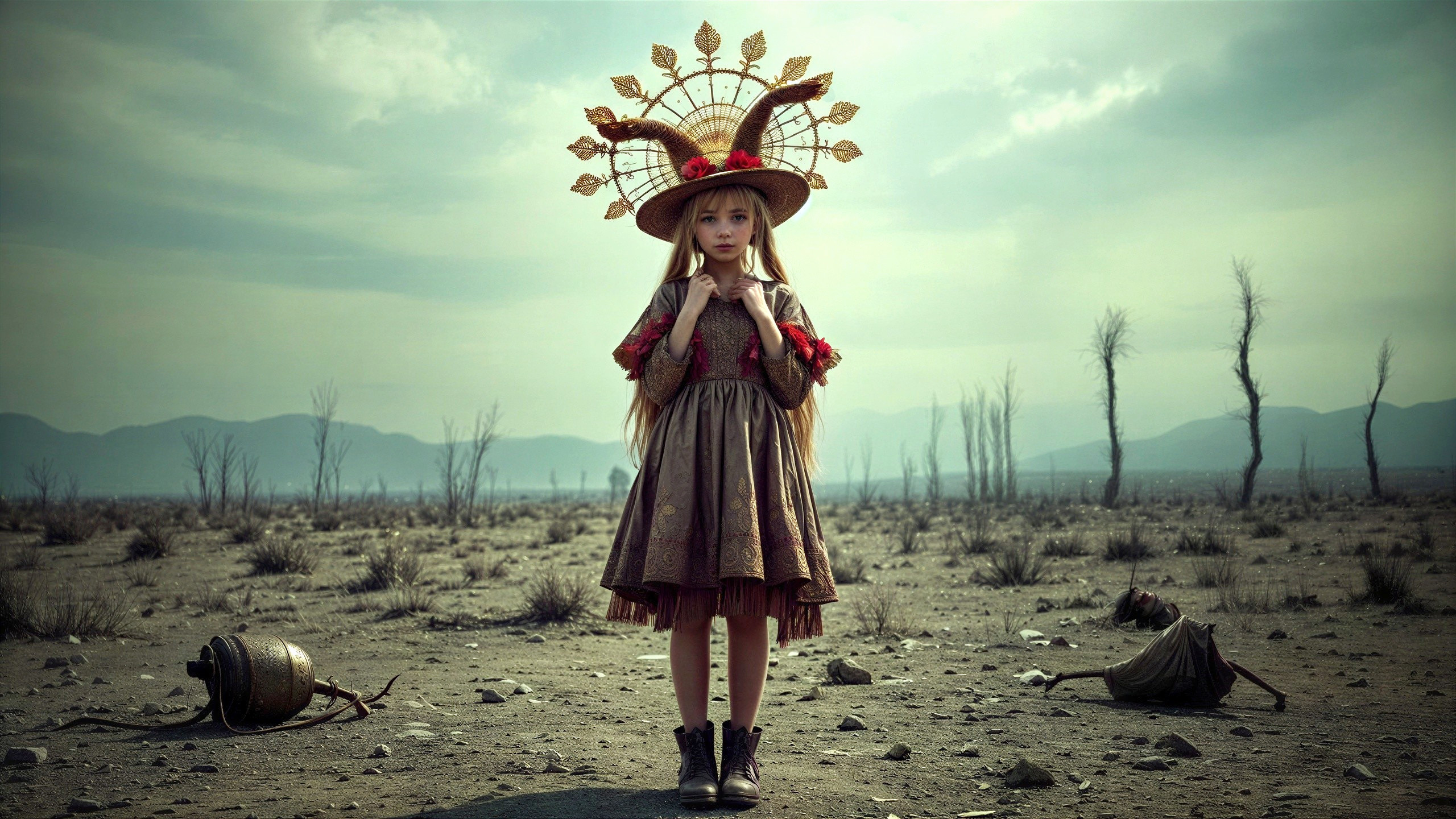 Young girl in ornate dress in desolate landscape
