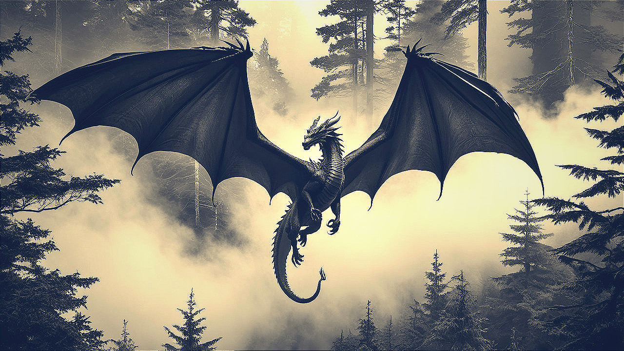 Black Dragon Flying Over Misty Forest Landscape